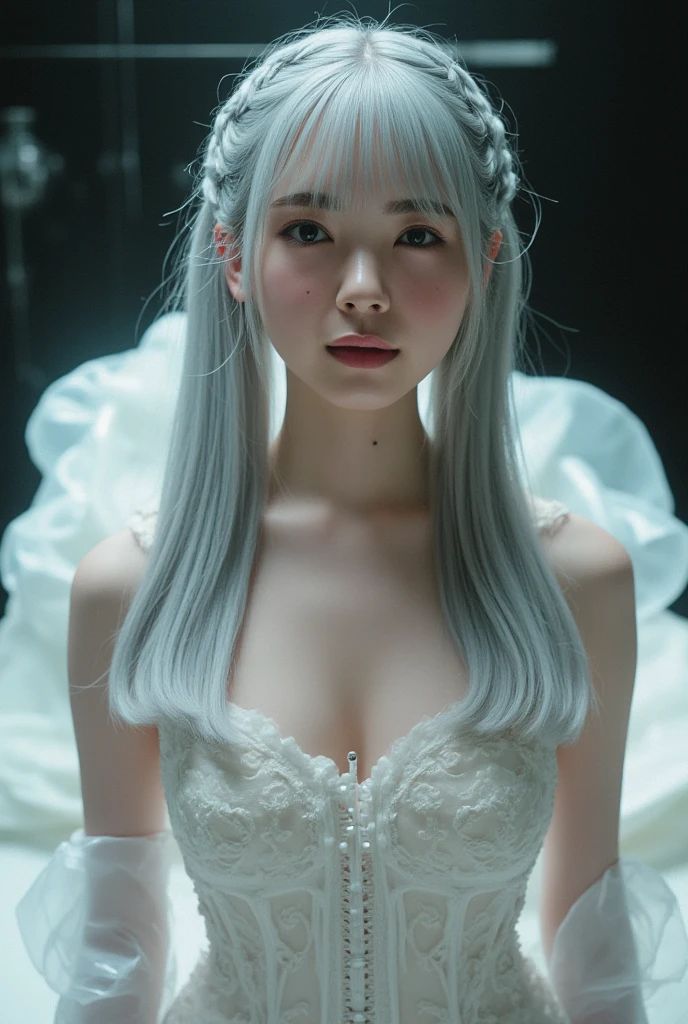 One girl, Long Hair、White Hair、Silver Hair.jagged teeth.
Princess Teresa,White skin, large breasts, Pointy Ears, Blushing, masterpiece, とてもLong Hair, Gray Hair, Hime cut, Sparkle Effect, Background blur, Princess in a white dress、Big Breasts