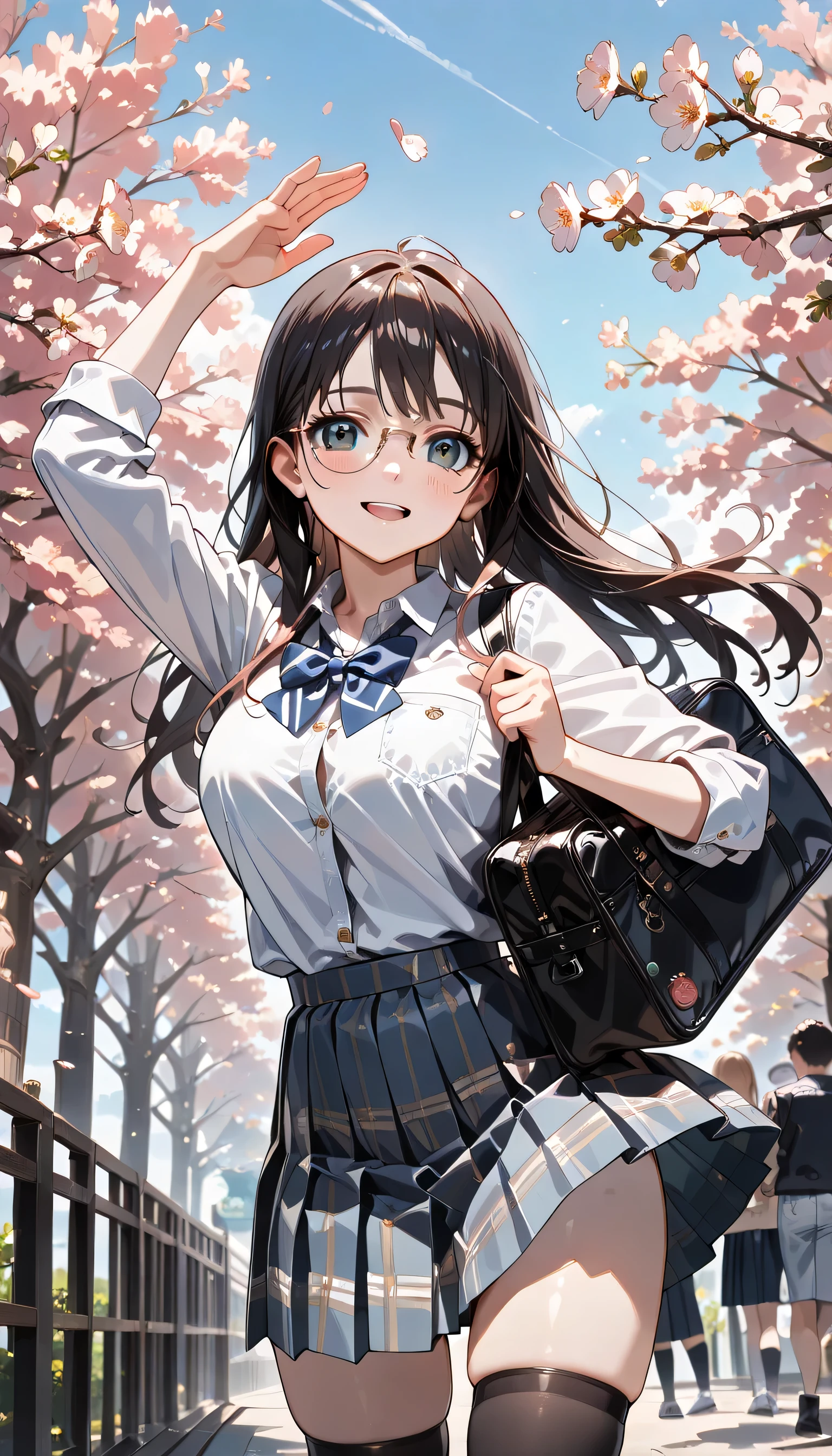 ((ultra-detailed)), (highly detailed CG illustration), (best quality:1.2), ultra-highly detailed, colorful composition, artistic photoshoot, 1girl, solo focus, ((thigh to top:1.4)), ((cowboy shot:1.4)), moe anime character, girl, dainty facial structure, (baby face), (round face), ((rounded chin:1.2)), ((ideal ratio body proportions)), brown eyes, ((wearing glasses:1.4)), ((round eyewear:1.4)), round_glasses22A, round glasses, ((black hair color)), ((long hair)), ((half updo)), (hair ribbon with light blue), ((hair is swaying in the wind:1.1)), ((smile:1.2)), ((blush1.2)), ((have a school bag:1.2)),  ample breasts, school uniform, light blue neck bow, long sleeves white frilled shirt, Blue checked pleated skirt, and black high socks, ((the wind lifts skirt)), from front, expecting, pink cheek, blush, light pink gloss slip, beautiful detailed sky, cherry blossom petals, cherry trees, row of cherry trees, breeze, petals dancing in the wind, shining sunlight shines, dynamic pose, contrapposto pose, best quality, masterpiece, portrait, depth of field, soft lighting, sidelighting, (shine), lighting, caustics, ray tracing, perfect face, lustrous skin, highly detailed face, highly detailed eyes, perfect face, perfect nose, perfect hair, perfect eyes, perfect anatomy, beautiful hair, beautiful small face, extremely detailed face, beautiful detailed eyes, beautiful clavicle, beautiful body, beautiful ample breasts, leavage, breasts squeezed together, equalize the size of the left and right breasts, beautiful thin thighs, beautiful legs, beautiful fingers, 4 fingers, 1 thumb, lovely, (very detailed background:1.0), (highly detailed background:1.0), spring aesthetic, intricate details, enjoy the performance atmosphere, spring colors palette, chromatic aberration