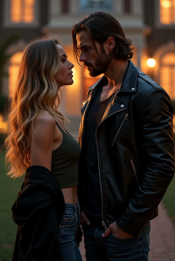80s.  a couple wearing black leather jackets kissing on the street.  They are rockers. Night lights.  several women are watching them in the background. 