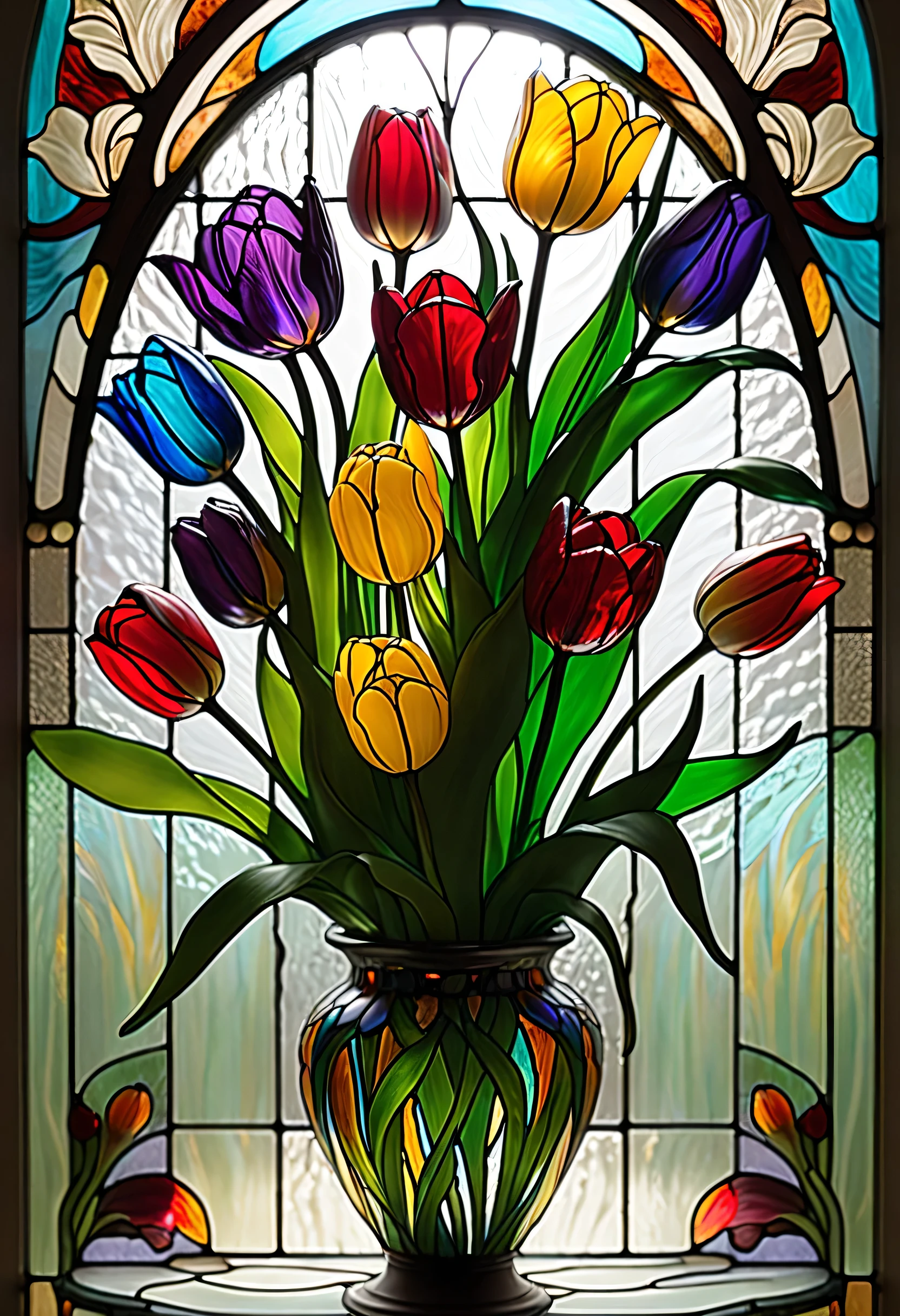 Close up of many colorful tulips arranged in a beautiful vase、stained glassアート、stained glassスタイル、sparkling stained glass background、Tulip-themed、colorful stained glass、gothic stained glass style、backlit stained glass、complex stained glass、stained glass、stained glass、psychedelic tulips、inspired by Louis Comfort Tiffany、stained glass!,Art Nouveau aesthetics