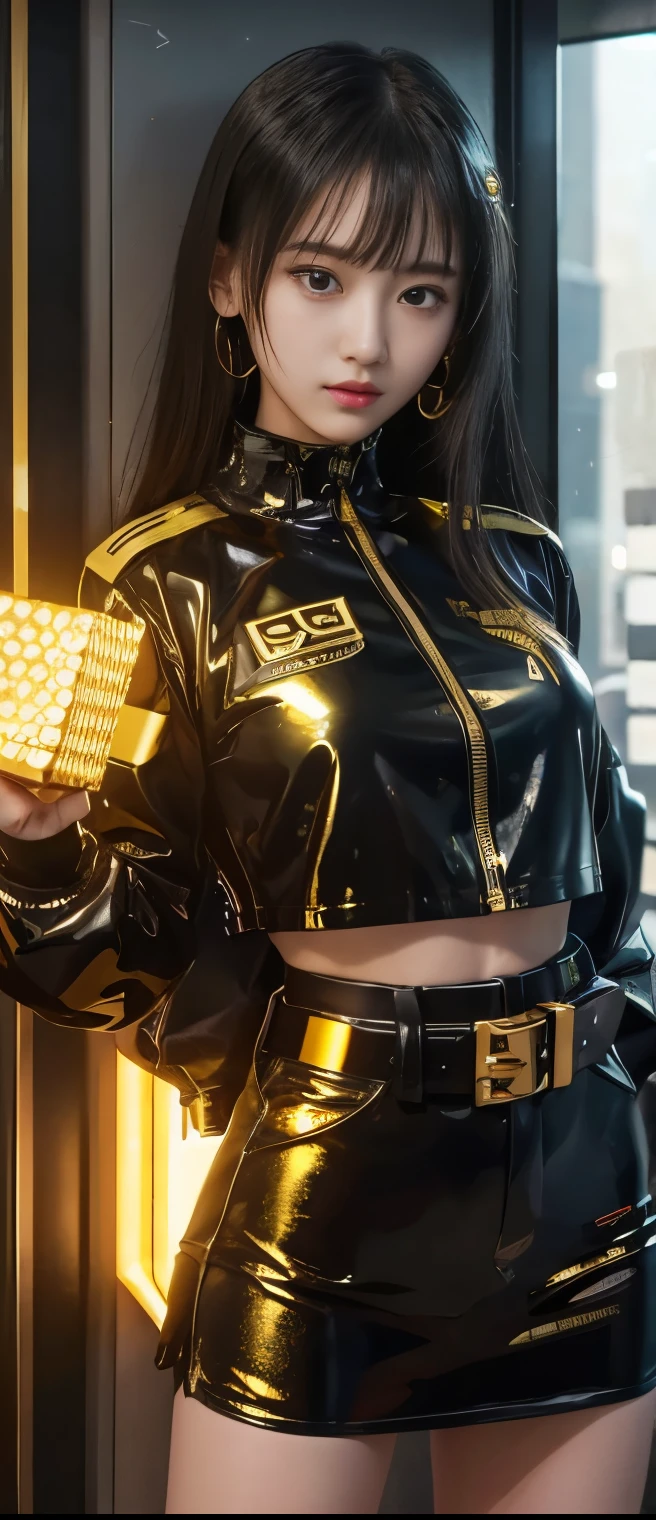 Cyberpunk Idol Girl、A pure girl's face、 hypo、gold and black sequin uniform、 Gold Belt 、Glowing Gold Cube
