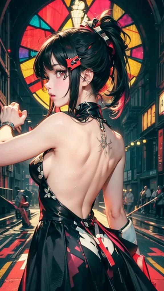 facing back, Halloween, natta, Dracula costume, Cityscape with neon signs, Smiling smile, (NSFW), 1womanl, 独奏, 24 year old, 7headed body, (Ideal ratio body proportions), (Composition from head to thigh), erectile nipple, Sexy body, Wet, short-hair, Dark hair, small tits, A slender, Small buttocks, beauty legs, Skinny Legs, surrealism, Cinematic lighting, depth of fields, One-person viewpoint, F/1.8, 135 mm, nffsw, masutepiece, ccurate, ((Anatomically correct)), Textured skin, Super Detail, high details, High quality, awardwinning, Best Quality, hight resolution, 8K
