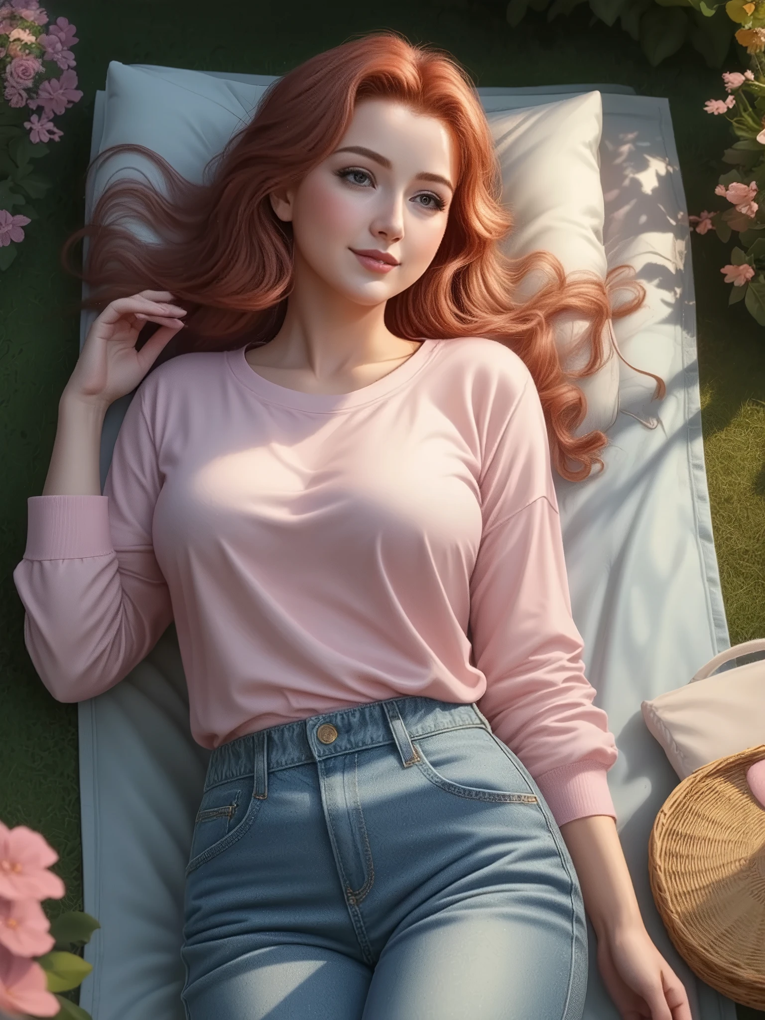 (masterpiece, best quality, high quality, highres, ultra-detailed) An OverallDetail cinematic photorealistic color digital painting of a 20 years old, 36DD Cup, gorgeous appealing amative dark brunette haired woman [Gal Gadot : Maude Adams : 0.50] gazing at viewer passionately, outdoor romantic dating, ornated (pale pink long sleeve t-shirt outfit and blue jeans trouser:1.2), (light laugh:1.2), (((lying down:1.5))) on picnic mat in an (outdoor:1.2) vibrant flower garden with beautiful scene view, detailed face, insanely detailed and intricate, crisp sharp and clear, volumetric lighting, ultra-high resolution, masterpiece hyper realistic artwork of Don Lawrence, Professional color grading by Kenneth Hines Jr., centered, cinematic aesthetic lighting art by James Cameron trending on Artstation.