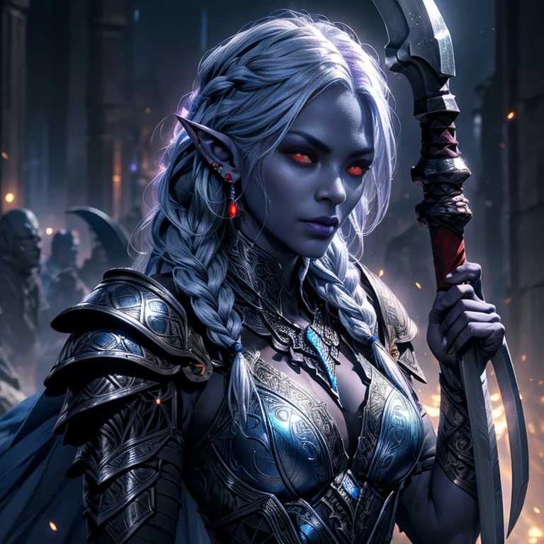<lora:RPGDrow:0.7> drow:1.2, 1girl, solo, long hair, looking at viewer, red eyes, white hair, realistic, medieval cathedral