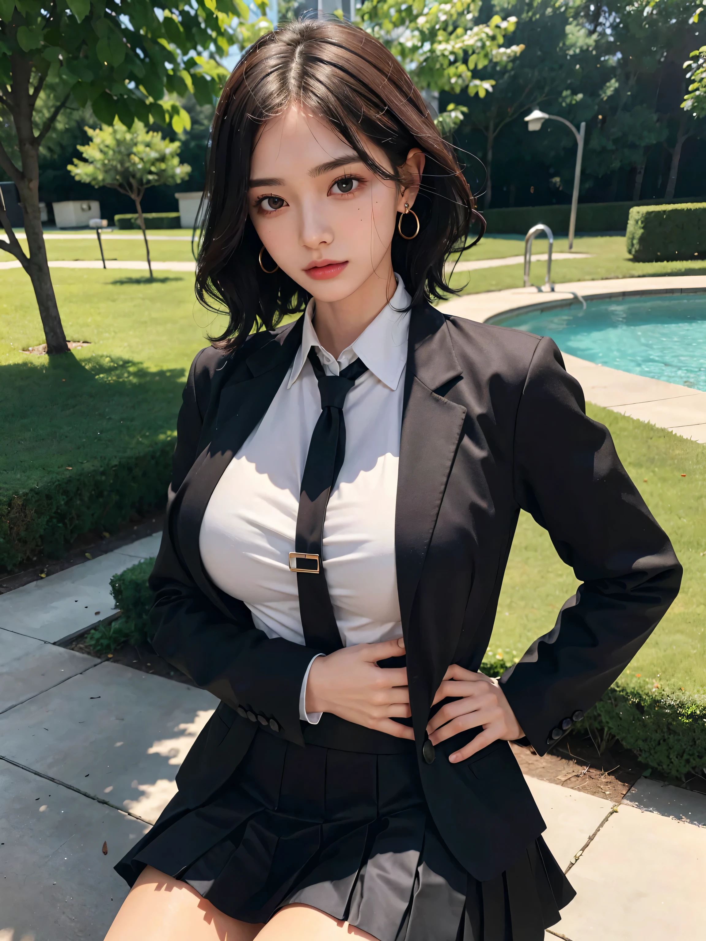 absurdres, RAW photo, extremely delicate and beautiful, masterpiece, Best Quality, ultra high resolution, 32k, hyperrealistic, ultra-detailed, perfect anatomy, super Detailed skin, Super Beauty, perfect figure, Perfect Style, Perfect balance, in her 20s, very small head, very small face, delicate facial features, tearful mole, earring, (very huge breasts), bare legs, full body shot, medium hair, black hair, ((school uniform)), blazer, skirt,