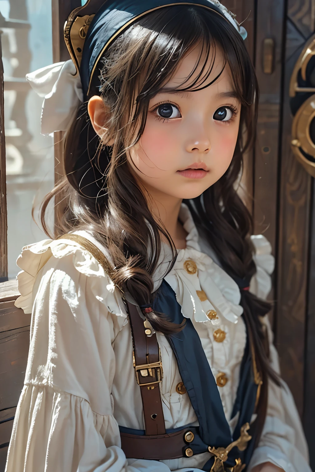 Little young girl, Gold,morning,cute,fantasy, gorgeous dress ,headband,odd-eye,pirate,pirate船,vintage pistol