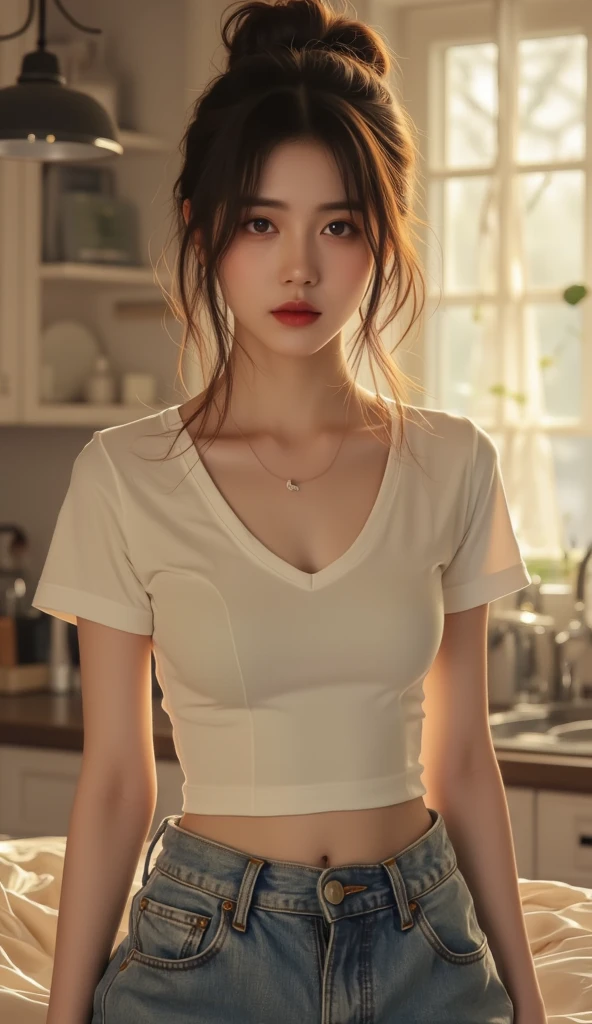 masterpiece, top-quality, 1 beautiful girl, (Detailed beautiful eyes), ((Detailed skin)) , ((Detailed medium hair )), A beautiful 170cm, in colorful clothings hiphop style, crop top, tank top and ripped jeans, at the kitchen, RAW photos, CG rendering, Blurred background, deep shadow, 16K, bokered, Very detailed, wallpaper, depth of field, movie light, Ray tracing,