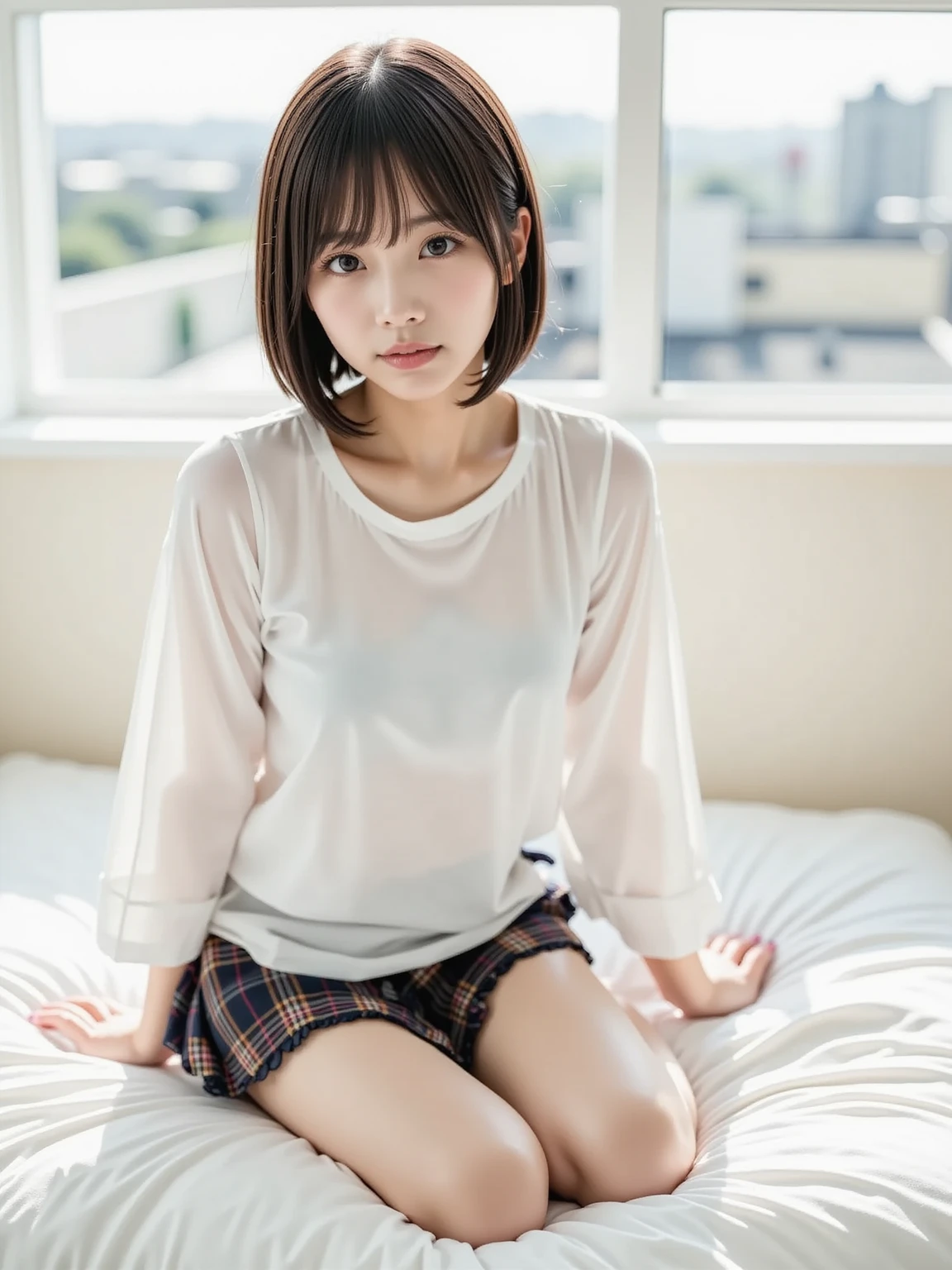 (8K、top-quality、masterpiece:1.2)、(reallistic、フォトreallistic:1.2)(ultra-detailliert、hight resolution), ultra-detailliertかわいい女の子, (Realistic:1.2),(Brown eyes:1.3), Lafed Girl, chiho, iwakura lain, クローズアップiwakura lain, With short hair, Shiori Teshirogi, Kotegawa Yui, hime-cut, 17 age, blush, Parted lips, , (Luxury underwear,There is silk underneath the front.) ,Half body shot , bed , Squat, (Negative Prompt)