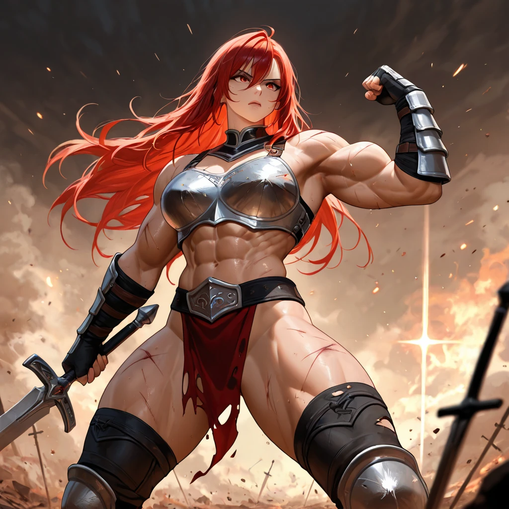 masterpiece art, black and white sketch of Frank frazetta, full muscular figure of Millie Bobby Brown posing for fight like the sexy Warrior ((Red Sonja)), long redhair, medieval knight armor, dark make-up , sword in his hands, big tits,