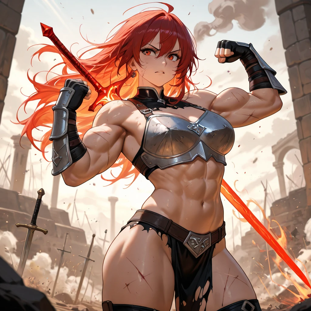 Angry tan draconic female barbarian with a massive demonic polearm. She is tall, powerful, broad-shouldered, thin-waisted, slim-hipped, fit, toned, lean, and very muscular. Defined abs and muscles with prominent veins. She wears a simple loincloth. Reddish scaly skin. Wild spiky mohawk, glowing ruby red eyes. Intense expression. Smoke curls up from her nostrils, absurdres, high res, ultrasharp, 8K, masterpiece