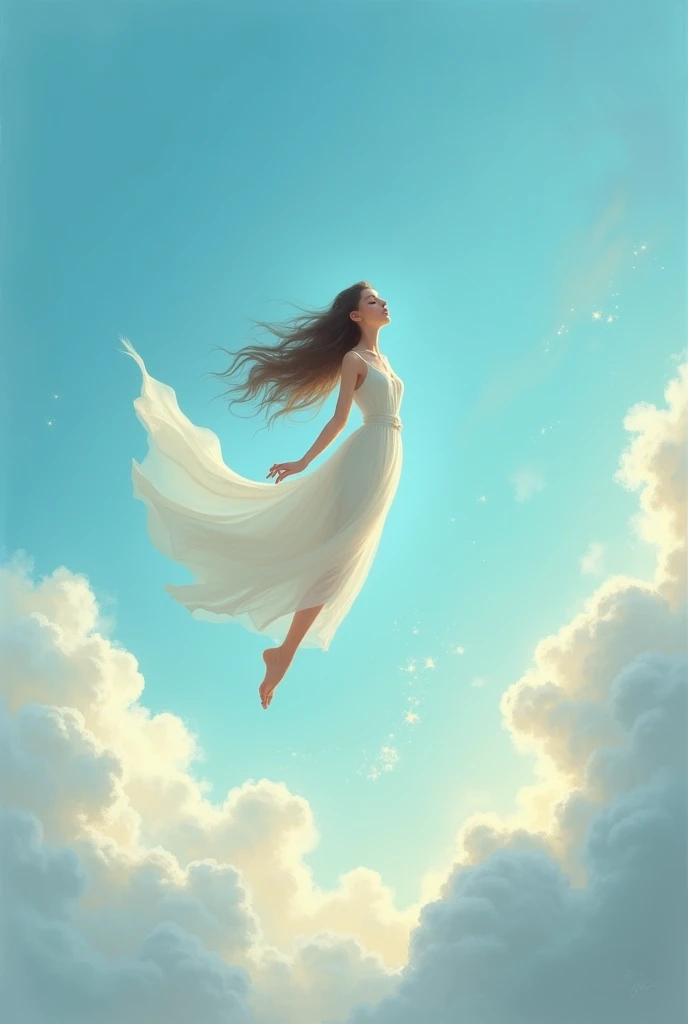 (From above the clouds), Beautiful girl flying in the sky、The girl is holding a bouquet、Beautiful Face、Mad Paint、Dark blue sky、White cumulonimbus cloud、Masterpiece、Highest quality、Golden Ratio、pastel colour、impressionist painting、