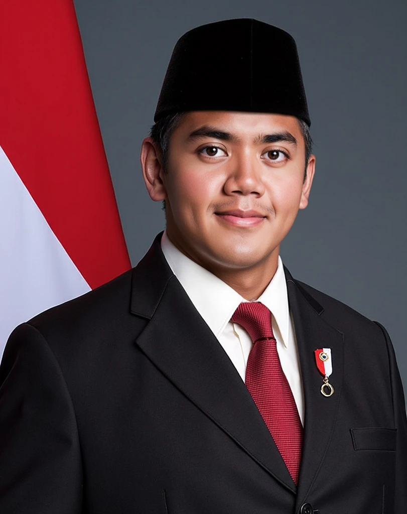 Realistic 3D caricature. big head. An Indonesian man aged 50 years. Tall, a slightly fat body, oval face shape. Oval chin, handsome eyes, a little round, white skin, big smile. Black hair wearing a cap. Wearing a black shirt and red tie. Body position is clearly visible. Red background. Use soft photography lighting with hair lights, edge lights, and top lights. Photos with very high details.