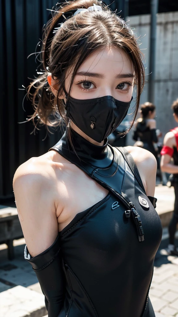 ((professional killer)), G-cup bust, early 30s, medium to short hair, (round face, centrifugal face, fox face), beautiful forehead, big eyes, brown hair, very cool, (short stature, infantile build), Chubby, whole body, (cold look), cute face(High Resolution, Highest Resolution, Ultra Definition, Masterpiece), Beautiful Face(High Resolution, Highest Resolution, Ultra Definition, Masterpiece), (night, midnight, moonlight, extremely dark, no brightness, dark), ((deserted back alley)), ((has a Japanese sword, cut the villain in half)), masterpiece, 8k, best quality, (beautiful five fingers), best quality, masterpiece, best quality, ((dark costume, Clothes that are easy to move in)), (super long distance shooting), (black mask),