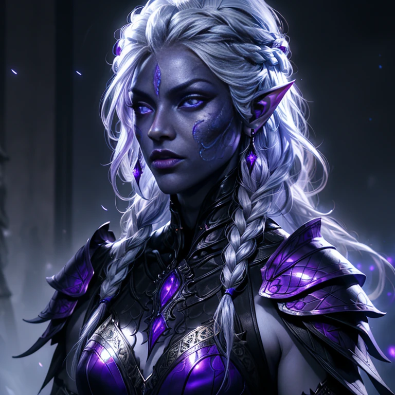 ((masterpiece, best quality)), (extremely detailed CG unity 8k wallpaper), sharp focus, high definition RAW color photo, photorealistic artwork:1.37, realistic style, solo, ((female)), dark elf, beautiful face, white sclera, grey skin, charcoal grey/purple colored skin, shiny skin, BREAK, long hair, ponytail, two-tone hair, (((silver and black ))), silver hair, Two-tone hair, widows peak, BREAK, large expressive eyes, white sclera, (Amethyst irises), (white sclera), well defined eyes, beautiful eyes, perfect eyes, white sclera, double eyelids, eyelashes, upturn eyes, upturn brows, Vulcan eyebrows, violet lips, large breasts, cleavage, midriff, athletic build, anatomically correct, beautiful hands, perfect fingers, BREAK, Attire: Dark elf/Drow style, iridescent chrome leather armor, iridescent chrome leather bustier, purple silk double sided split dress, short cape, mid-thigh iridescent chrome black leather boots, Amethyst bejeweled tiara, earrings, BREAK, Area setting: Outside, fantasy forest, ensure full view of hair at top of head, hands on hips, confident look, Cinematic lighting