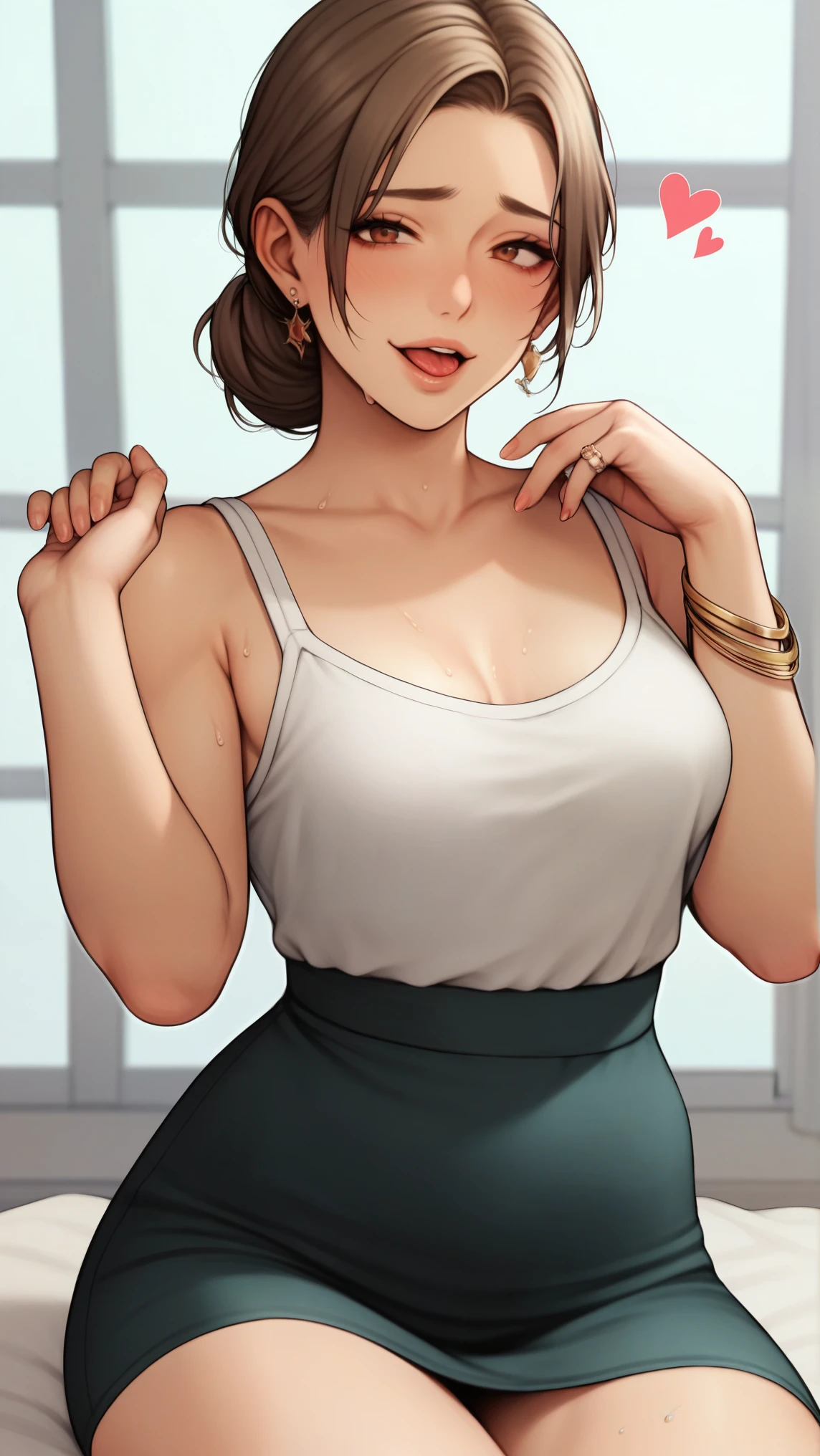 (highest quality,High resolution,Perfect Pixel,8K), (1 girl, A maternal woman,50 years old),((Wavy mid-length hair, bangs, Brown Hair)), ((Brown eyes, Beautiful eyelashes, Realistic eyes)), (Detailed face:1.2), ((Smooth texture:0.75, Realistic texture:0.65, Realistic:1.1, Anime CG Style)), Medium chest, Perfect body, (Earrings,sleeveless sweater,mini skirt, A shy smile)), ((I can see her sexy panties:1.2), (she lift skirt :1.2))