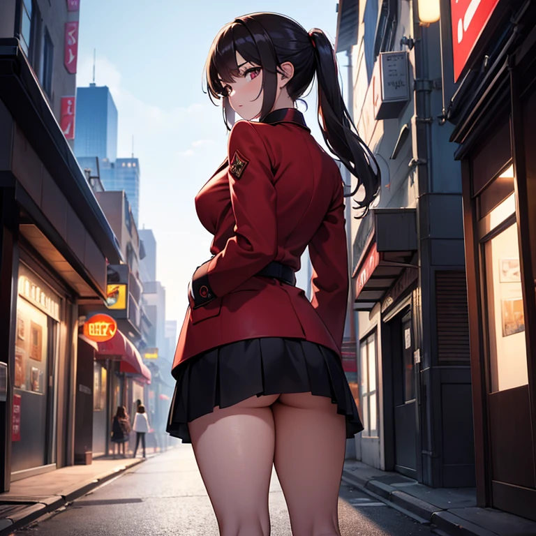 masterpiece, best quality, HuTaoV4, 1girl, solo, blush, twintails, long hair, hair between eyes, ((streetwear clothes)), city, outdoors, night, movie poster, extremely detailed 8K, smooth, high resolution, ultra quality, cinematic lighting, ambient occlusion, hd, 2k, 4k, 8k, 16k, extremely detailed anime, detailed faces, perfect composition, wide shot, atmospheric lighting, very sexy, lift skirt, random low back angle, uncensored, nsfw, sin censura