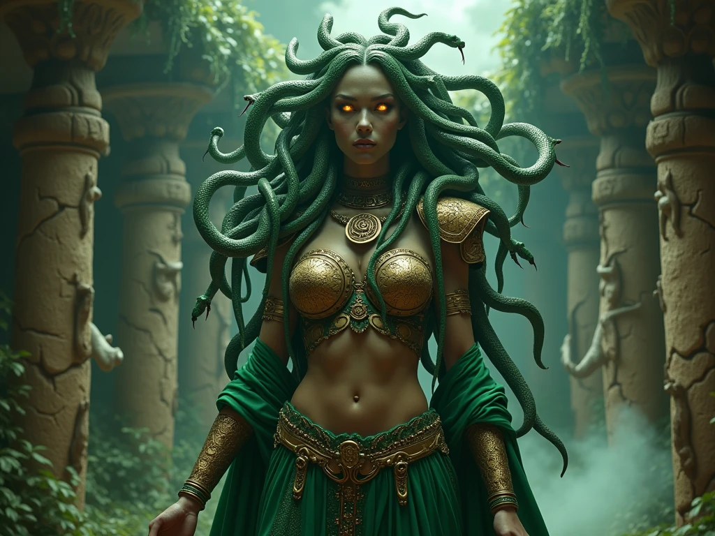 Fairy tale realistic photograph of Medusa, (wearing ragged brown cloth robe:1.2), (green skin), black hair , glowing eyes, standing in her temple, volumetric light . Magical, fantastical, enchanting, storybook style, highly detailed