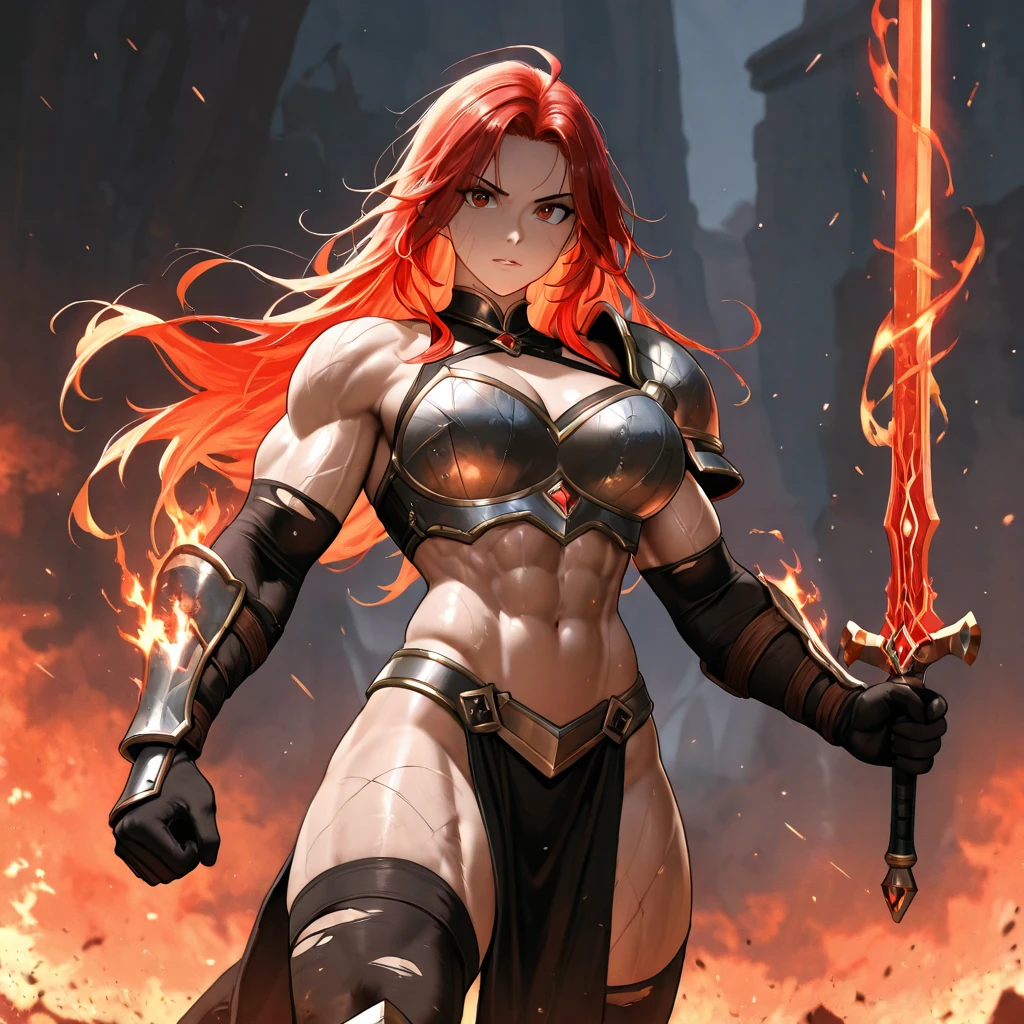 ((best quality)) , ((masterpiece)) , (detailed),axe, 1girl, female focus, horns, glowing eyes, holding, beard, glowing, solo, weapon, holding axe, facial hair, muscular, fire, holding weapon, chain, looking at viewer, long hair, lightning, muscular female, red hair, horned helmet, armor, helmet, belt, fake horns, molten rock, feet out of frame, standing, battle axe, electricity