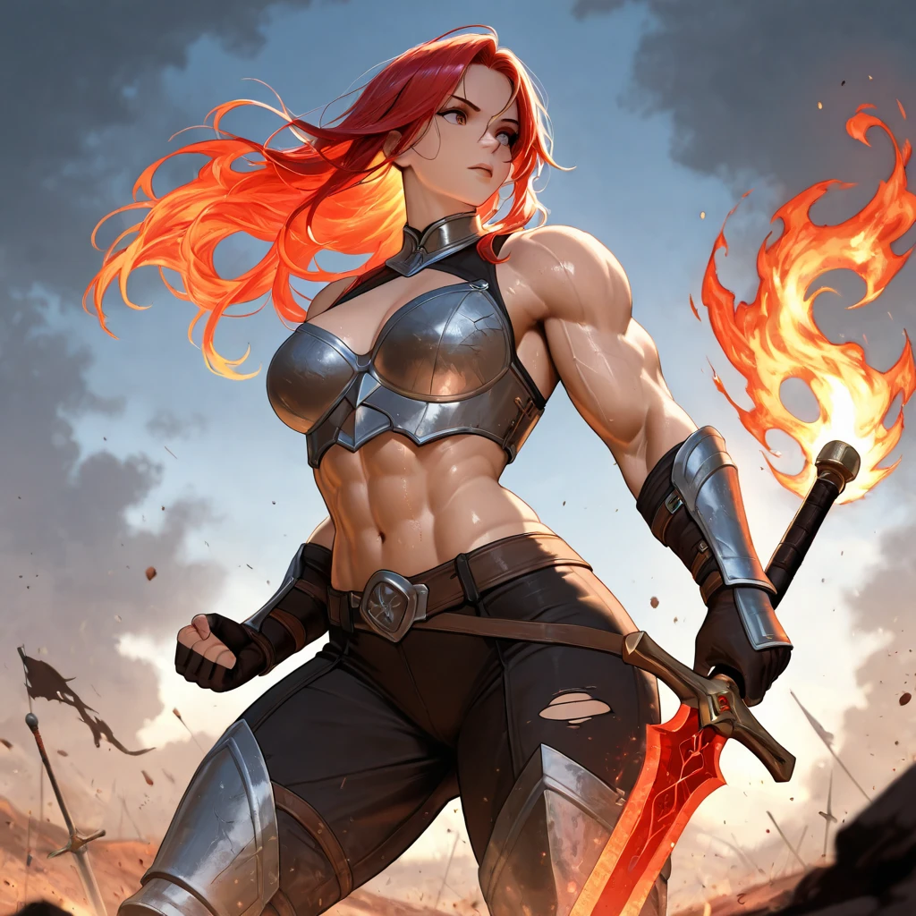 A muscular female warrior battle chasers nightwar red monika with red hair in a high ponytail, wearing a red and gold armored outfit. Her costume includes a form-fitting top and large shoulder guards, with a dark cloak around her neck. The background is dark with orange , adding a dramatic effect. JoeMAD2023,1girl, Red_Monica_v2, large breasts, action pose, 8k, uhd, best quality, cartoon, armor, trending on artstation, vibrant colors, epic fantasy, comic style,red hair, ancient city, toned body, abs,