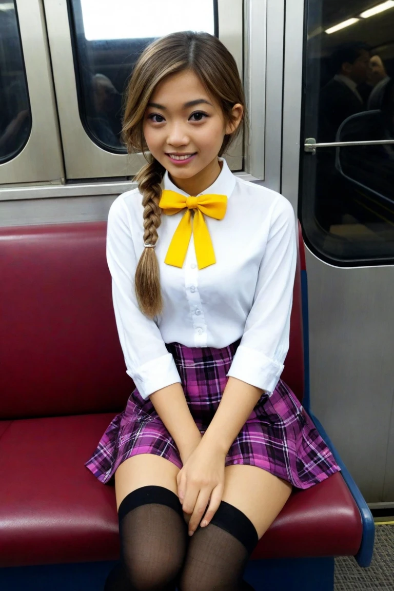 15 year old girl, black hair, children's pigtails hair, Asian facial structure, happy expression, she wearing sheer tight bussines suit, golden necklace, she in a metro,