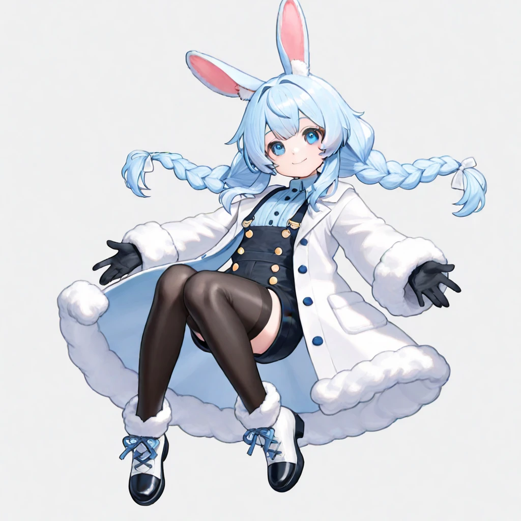 (flat color:1.0), blue hair, rabbit ears, pantyhose, white dress, smile, <lora:pekora1-000009:1.0>, braid, black gloves, upper body