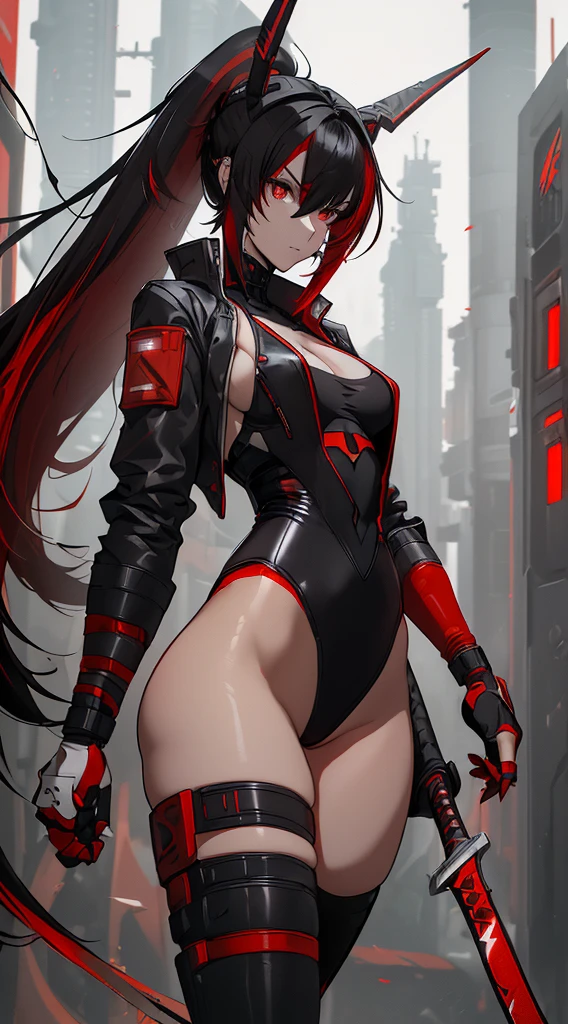 ((best quality:1.3), (high detail:1.2), masterpiece, anime)) (solo) ((black hair:1.8), (hair with red and white highlights:1.7), (very long hair)), ((heterochromia_eyes_red_and_grey:1.4)), thick thighs, huge breasts, muscular, athletic, ((cyborg body:1.3), (Cyborg arms:1.4), (Cyborg legs:1.4)), ((highcut leotard:1.8), one-piece, (red_black_outift:1.3,) cleavage), (Ninja-style Jacket:1.6), (headgear, horn-like devices:1.1), toned body, 1 woman, (age 26), ((holding sword:1.6, katana, glowing)), beautiful, sexy, first rate body, (Lucia_Crimson_Weave:1.45), Lucia, Samurai, cybernetic,