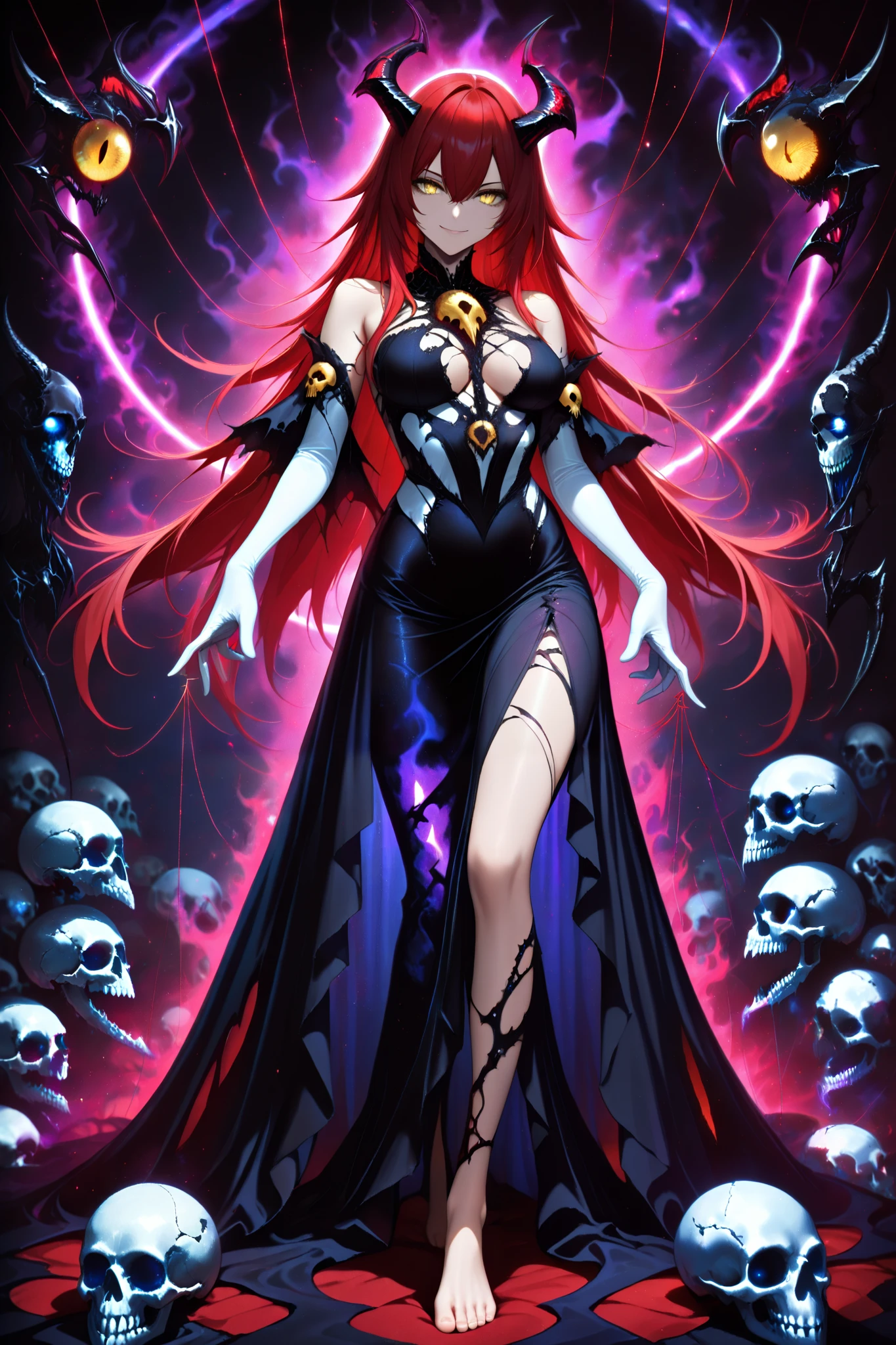 (masterpiece) , (highest quality) , (very detailed) , (the best shape) , (absurd) , (so beautiful) , (perfect anatomy), (perfect clear eyes), 1girl,red hair, long hair, golden eyes , long hair , gloves, standing, solo, looking at viewer, barefoot ,dress, demon girl, white gloves, hair between eyes , bare shoulders, smile, skull, slit pupils, elbow gloves ,necromancer, black corsage dress, laced, bound, purple dark aura, puppeteer, thin silver string comes out of her fingers, , puppet strings