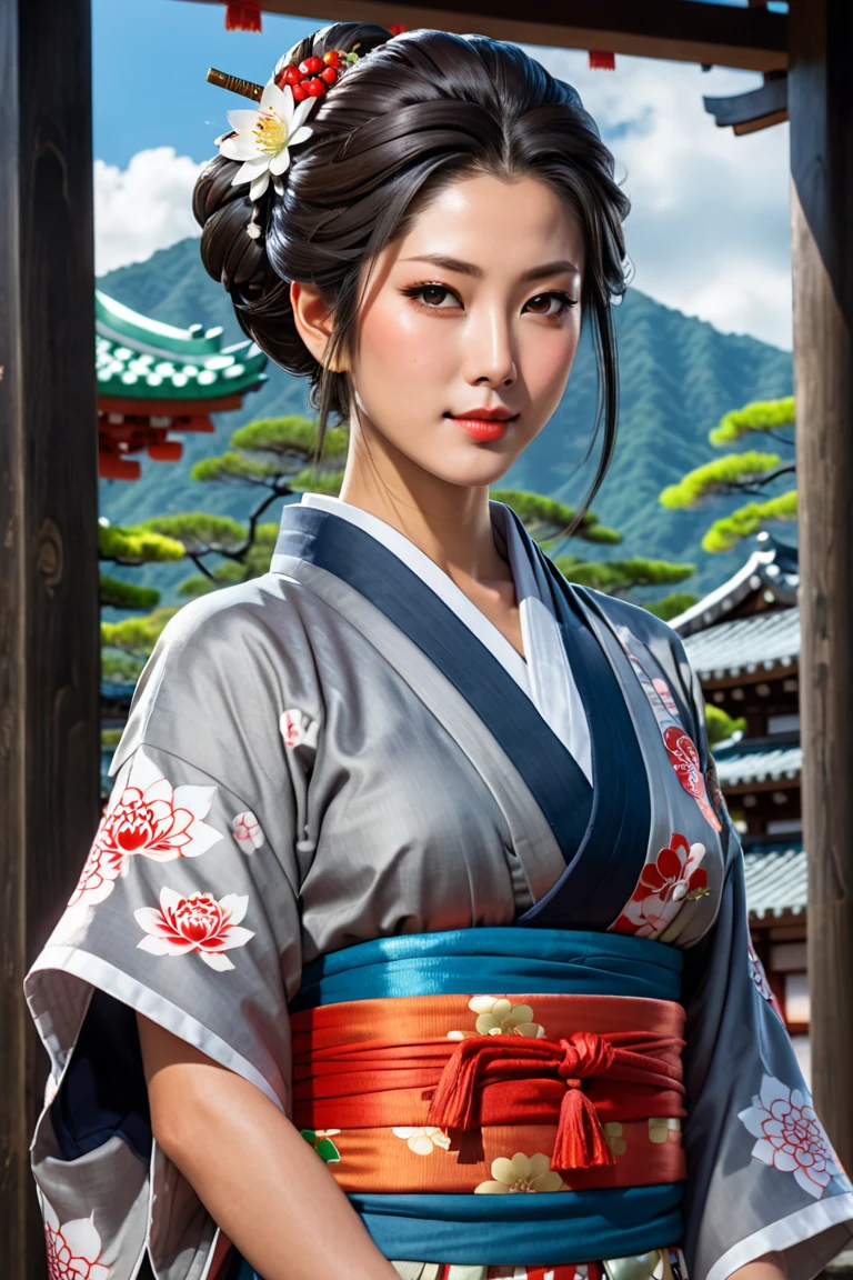 1girl, best quality, masterpiece,samurai,armor, large breasts, breasts out, bangs, hair ornament,  soft lighting, sexy, Photograph, background is japanese castle.(masterpiece,best quality,ultra_detailed,highres,absurdres:1.2) <lora:nobunaga:0.8> <lora:JapaneseDollLikeness_v15:0.9> <lora:hairdetailer:0.5>