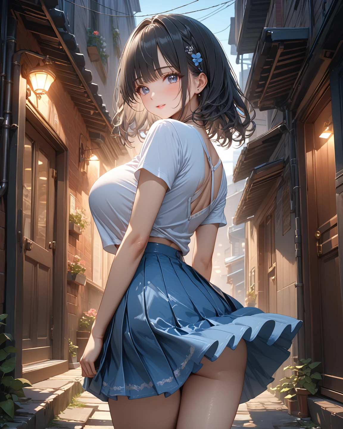 Half-Body shot,Sanrio style,WLOP Girl,,summer dress,lace hair ornament,concept art,
simple background,beautiful big eyes,long lash,cute act,blur summer,insanely detailed,
wind-effect,smooth,side view,masterpiece, --auto