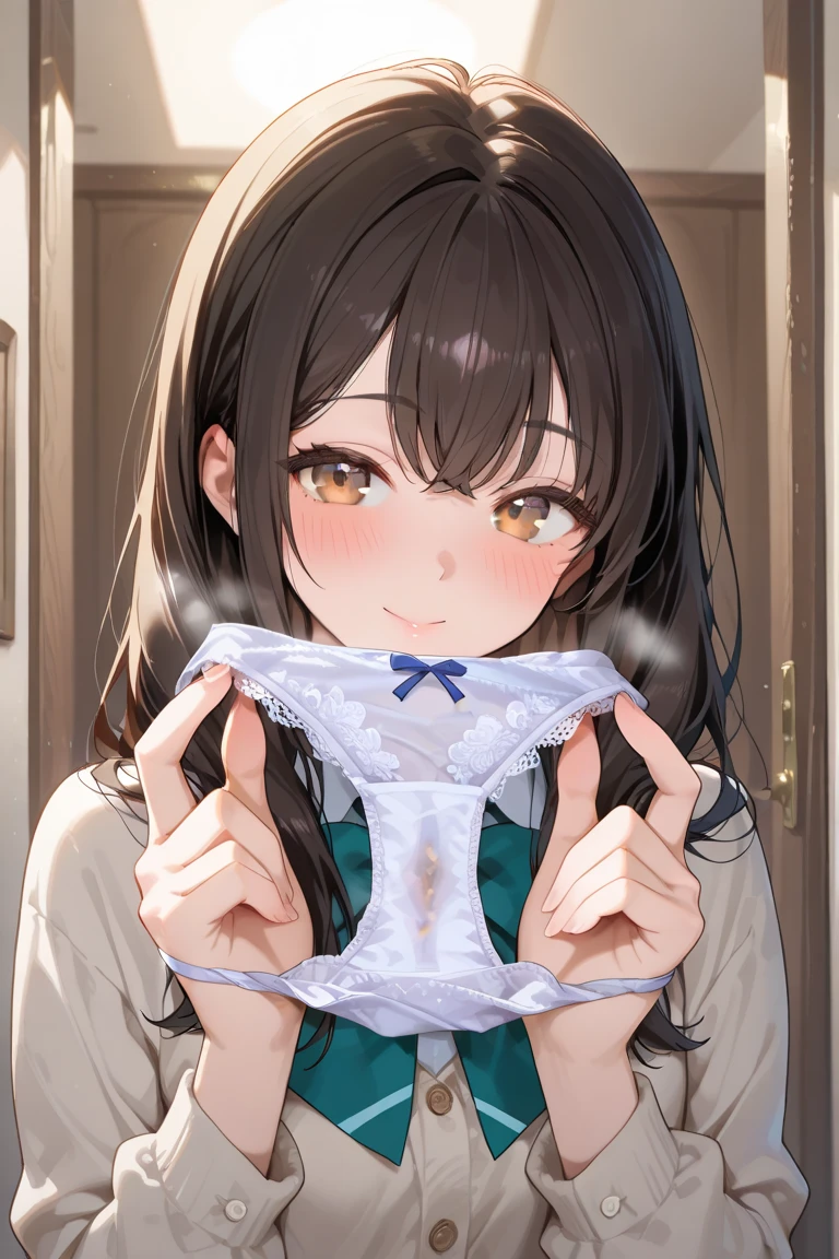 12 year old, 1girl, presenting panties, cum on panties, black panties, seductive smile,, masterpiece, best quality, highly detailed