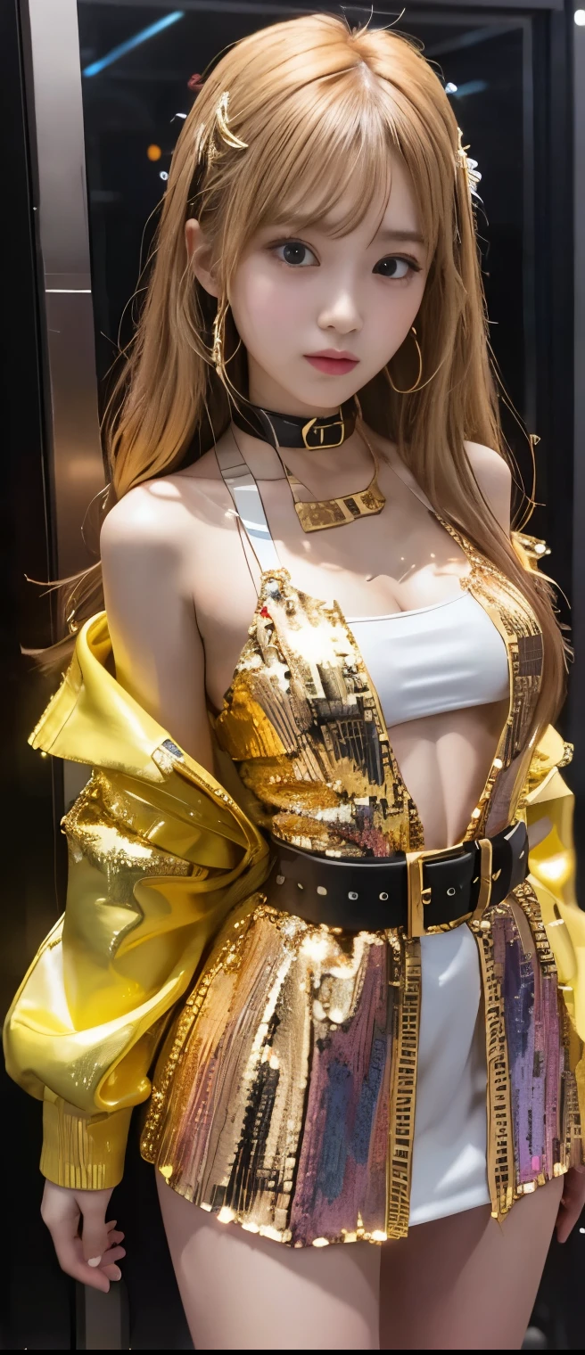 Cyberpunk Idol Girl、A pure girl's face、 hypo、gold and white sequin mini dress、 Gold Belt 、Standing on a glowing gold cube