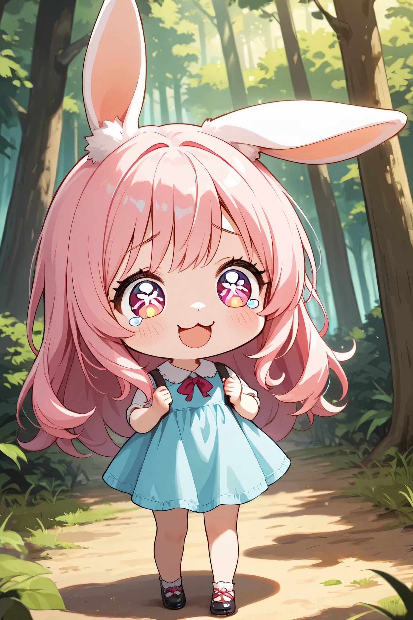 rabbit girl, pink hair, long hair, 1girl, smile, :3, open mouth, swirl eyes, tearful, full body, forest,