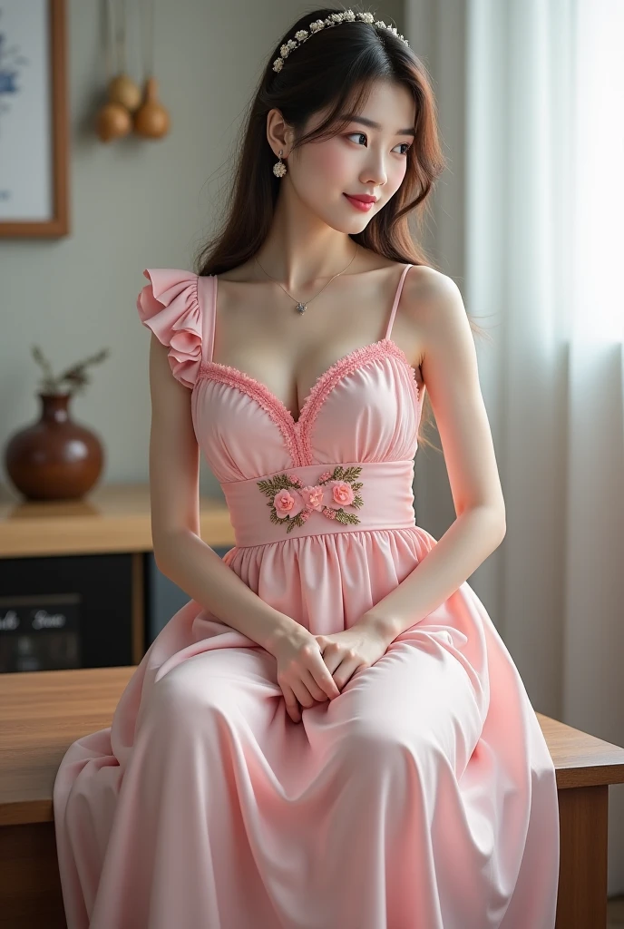 Sweet girl clothes6,print dress,,(cowboy shot),Beautiful girl, Young female model, Sweet girl, Inside the room, sit on chair, deck chair, Cross ed leg, tmasterpiece, Best quality, Extremely detailed description, Ultra-fine painting, delicated face, slim toned body,grinning smile, Hefty Smile