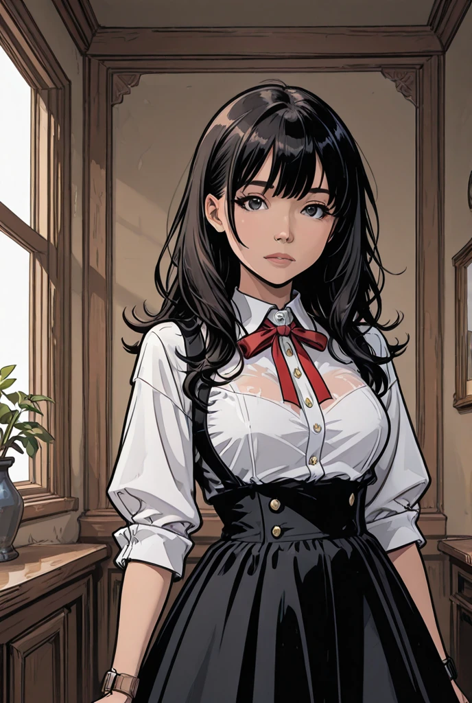 art future anime. bird'perspective, Dirty woman sitting on a chair in a dilapidated house, wet messy hair above the eyes, Detailed bodycon shirt and short pleated skirt. big ship, close-up landscape, hurt. written by hand, cinematic lighting, very detailed. white, Brown, red. perfect composition, masterpiece, highest quality, 4k, sharp focus. perfect anatomy.(((whiteいマイクロミニランジェリーセット)))