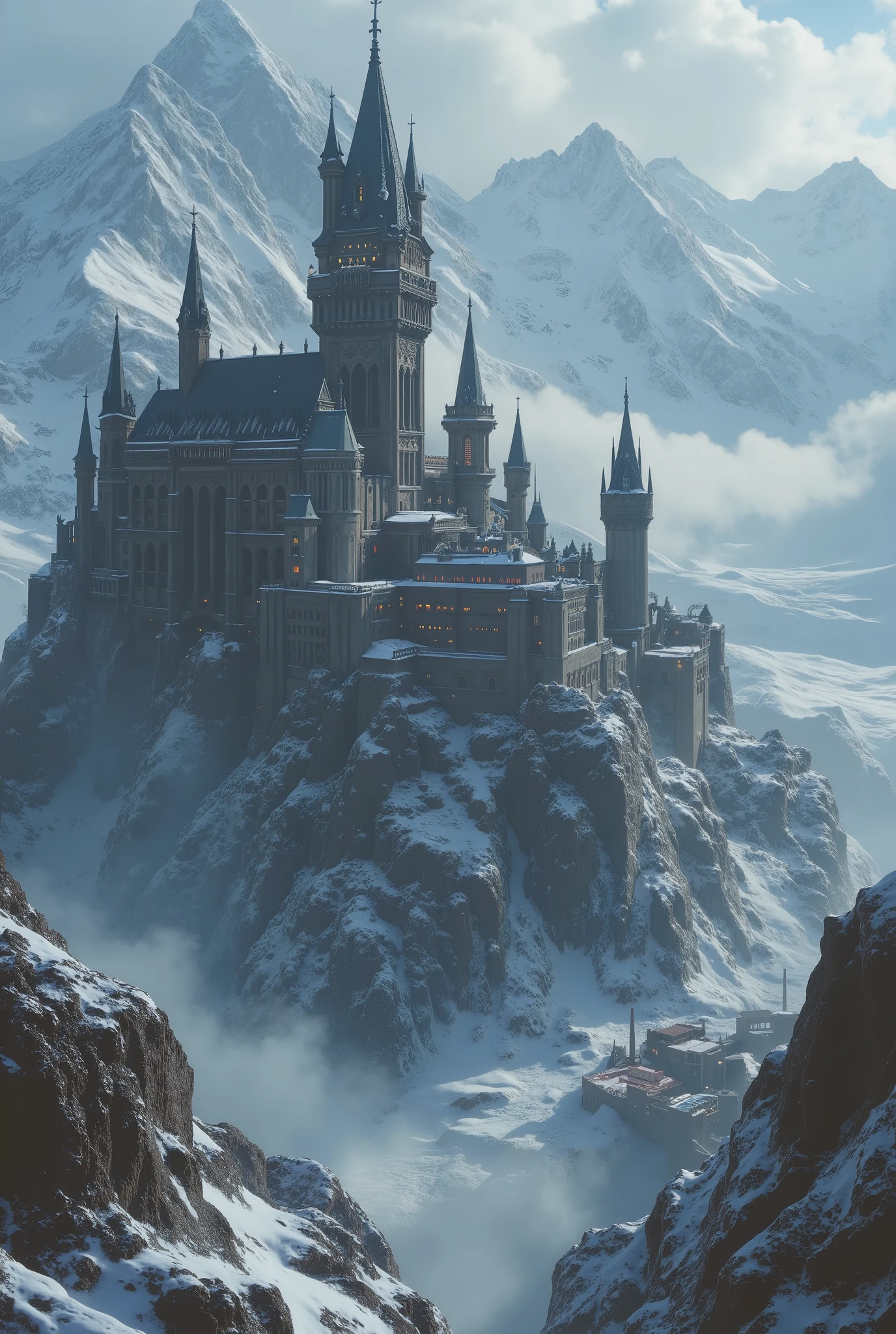 Scene: Epic Dramatic cinematic scene, Realistic Lighting, Grimmdark, darktale, machanical. The snow storm mountain valley background, dramatic sky. High angle loooking down shot from the top, wide view. Inside the Valley, located the huge dark tone stone Gothic Castle, Byzantine Gothic medieval Palace style, Ornate and doom tower. Some Lighting windows on the castle and Lighting Torchs around The defensive wall. The Castle looking down the little town with stone building, lighting windows. the secondary defensive wall and some Guard fire tower along the mountainside.