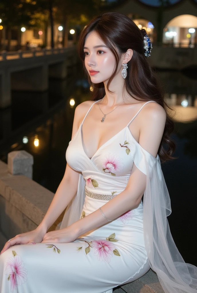 UHD 16k best quality portrait of a very attractive single green eyed Asian girl wearing a detailed white dress with dragons on it, beautiful south Korean woman, gorgeous Korean model, ((medium-sized breasts)), (best detailed iris, anatomically correct, finely detailed features, perfect body, perfectly flawless skin, super-detailed intricate, black and red dragon tattoos), (award winning), ((best quality)), masterpiece, detailed, edgy, (dramatic, confident, mirrorless, ultra-wide angle, sunset, lifestyle editorial, black and white, high, backlit)