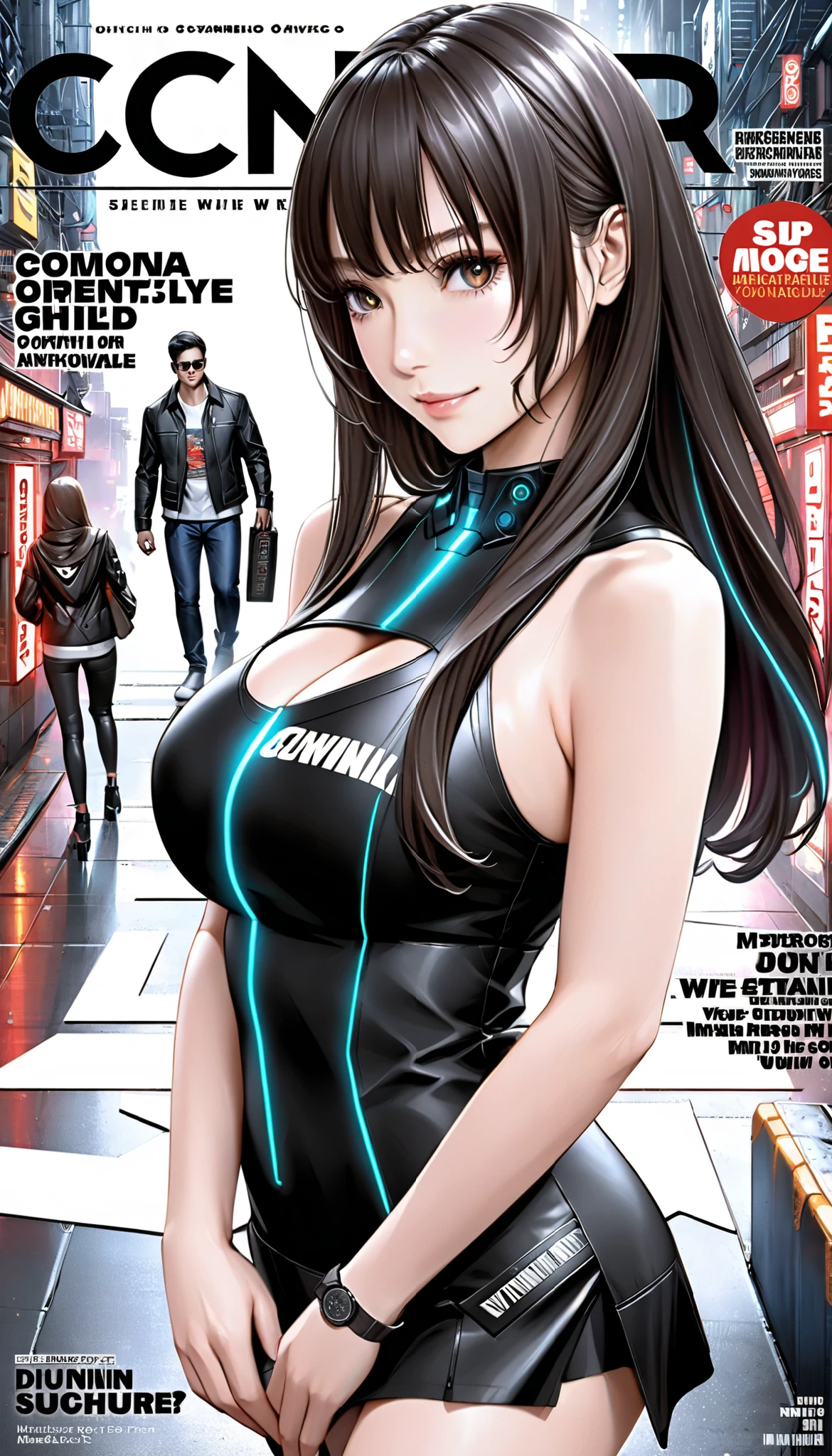 under the night sky、long-haired woman standing in a cyberpunk world。miniskirt,smile,Realistic, natural hand depiction and、long-haired woman standing in a cyberpunk world。with neon twinkling in the background、Mechanical magazine cover with English letters。front,Big Breasts,