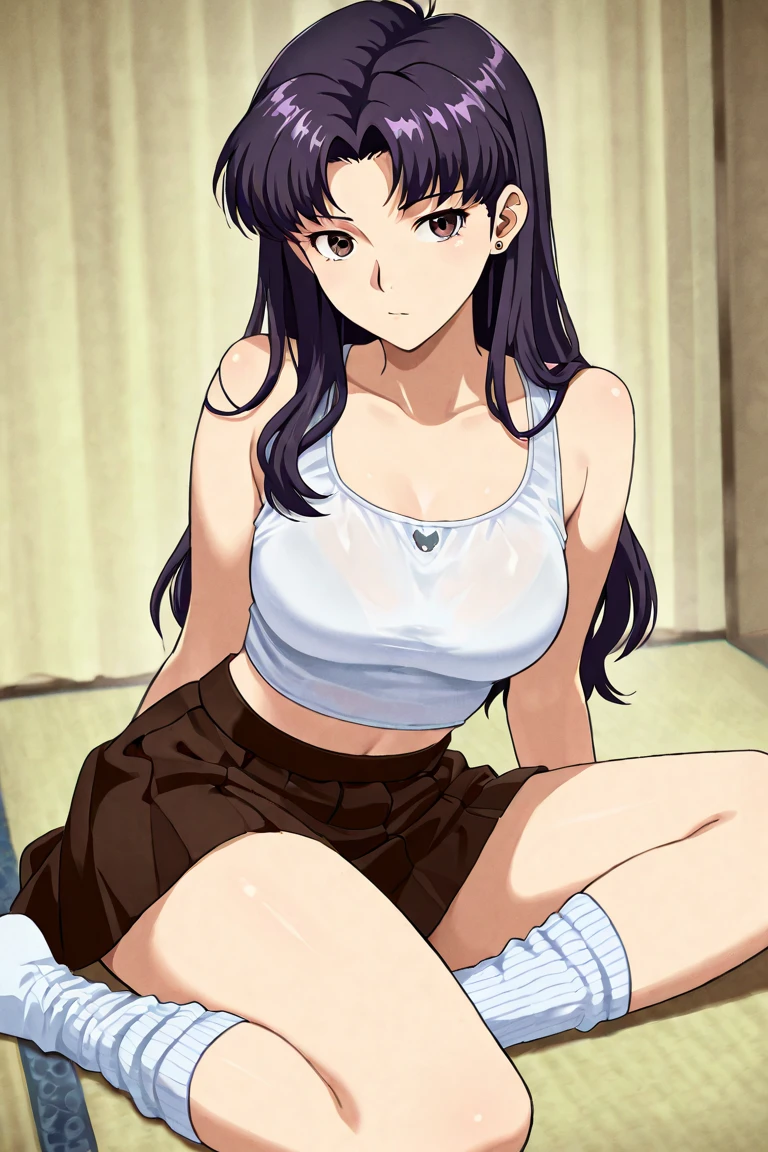 detailed illustration, dynamic angle, ultra-detailed, illustration, 1girl, red tank top, no bra, no-bra, crop top, hard nipples under top, long black hair, straight hair, medium breasts, short black skirt, sitting on couch, spread legs, smiling, shy