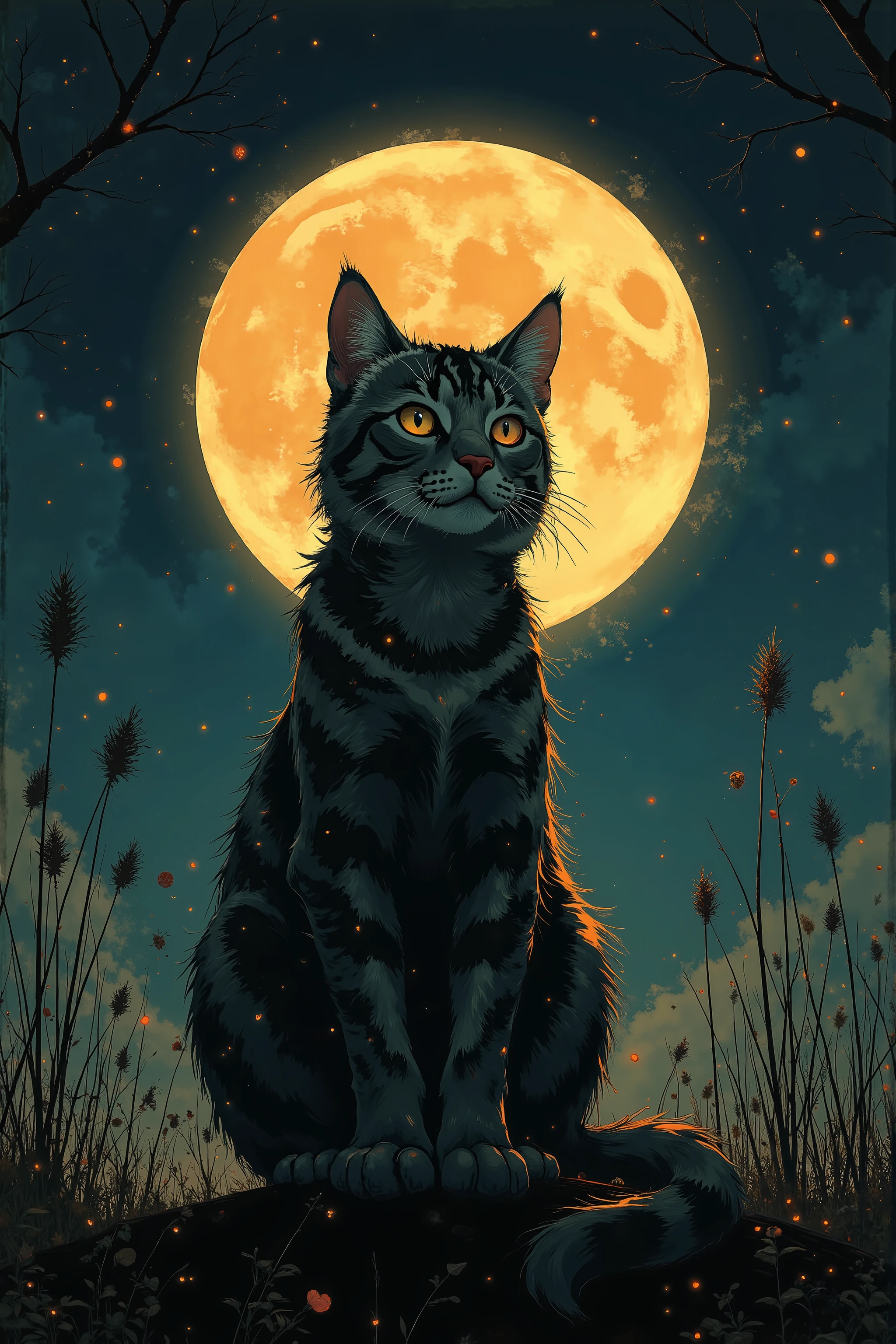 high quality,4K,Rich details,Still life in surrealism style,(A furry tabby cat),(Huge Full Moon),Golden light shines,Twinkle stars in the deep blue night sky