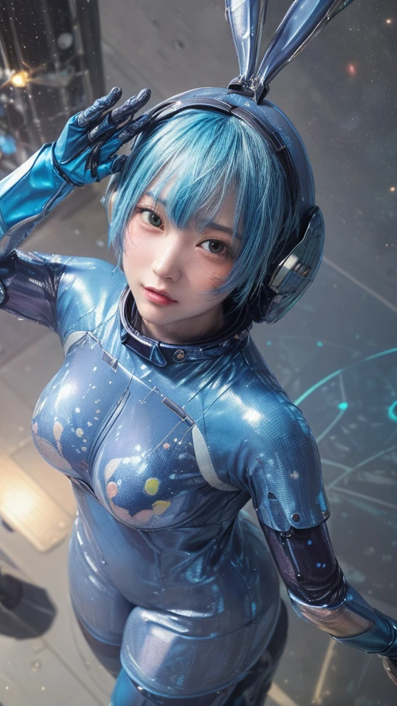 (pump girl with beautiful lines wear :1.3),(hyper star face :1.3),(gigantic breasts with future:1.2), (perfection master force uniform:1.5),(beautiful shiny skin:1.3),(bangs:1.2),(blue hair color:1.2)