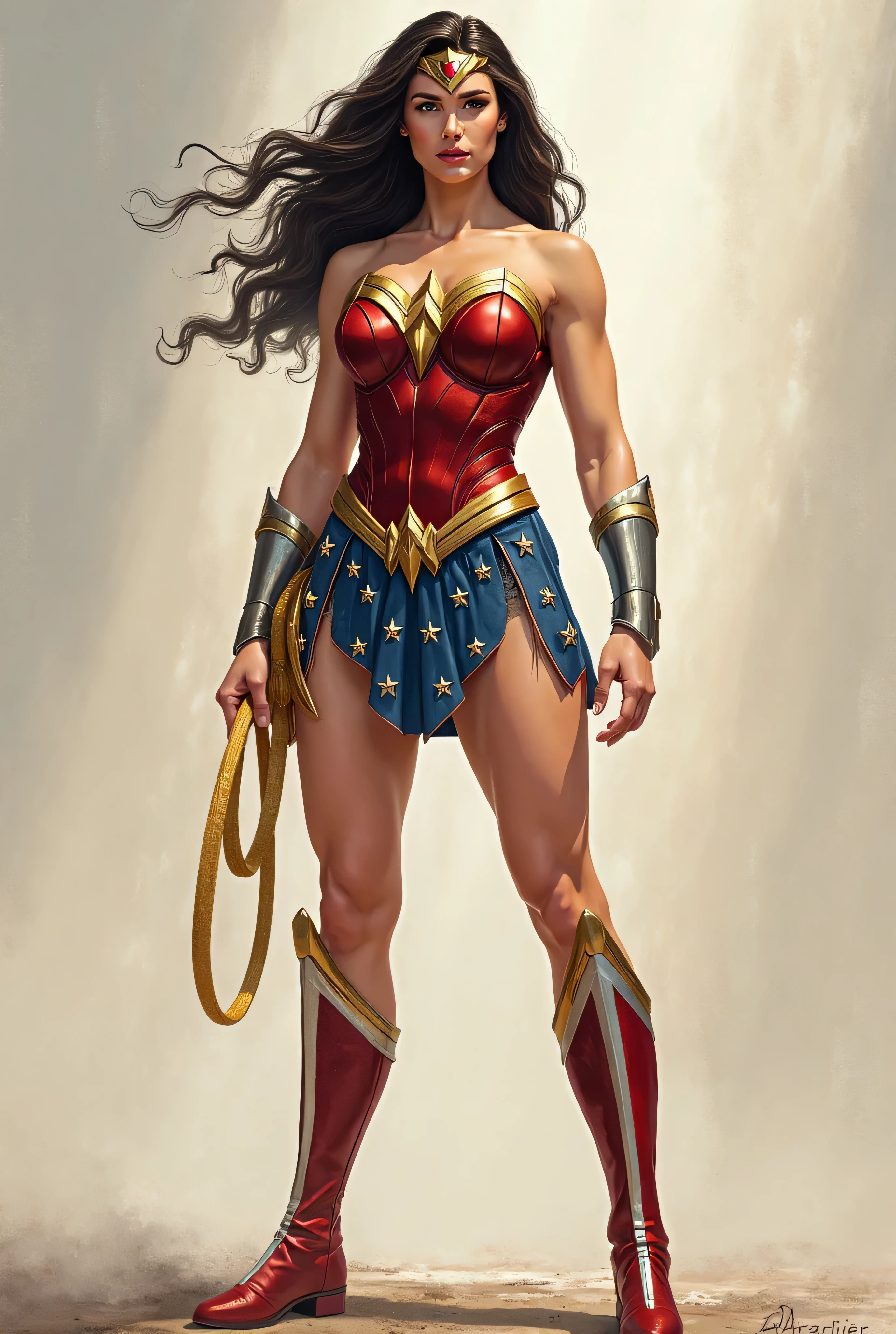 Muscular body woman, based on the DC comics character Wonder Woman, metal suit, black hair long, metal tiara, steel bracelet.
