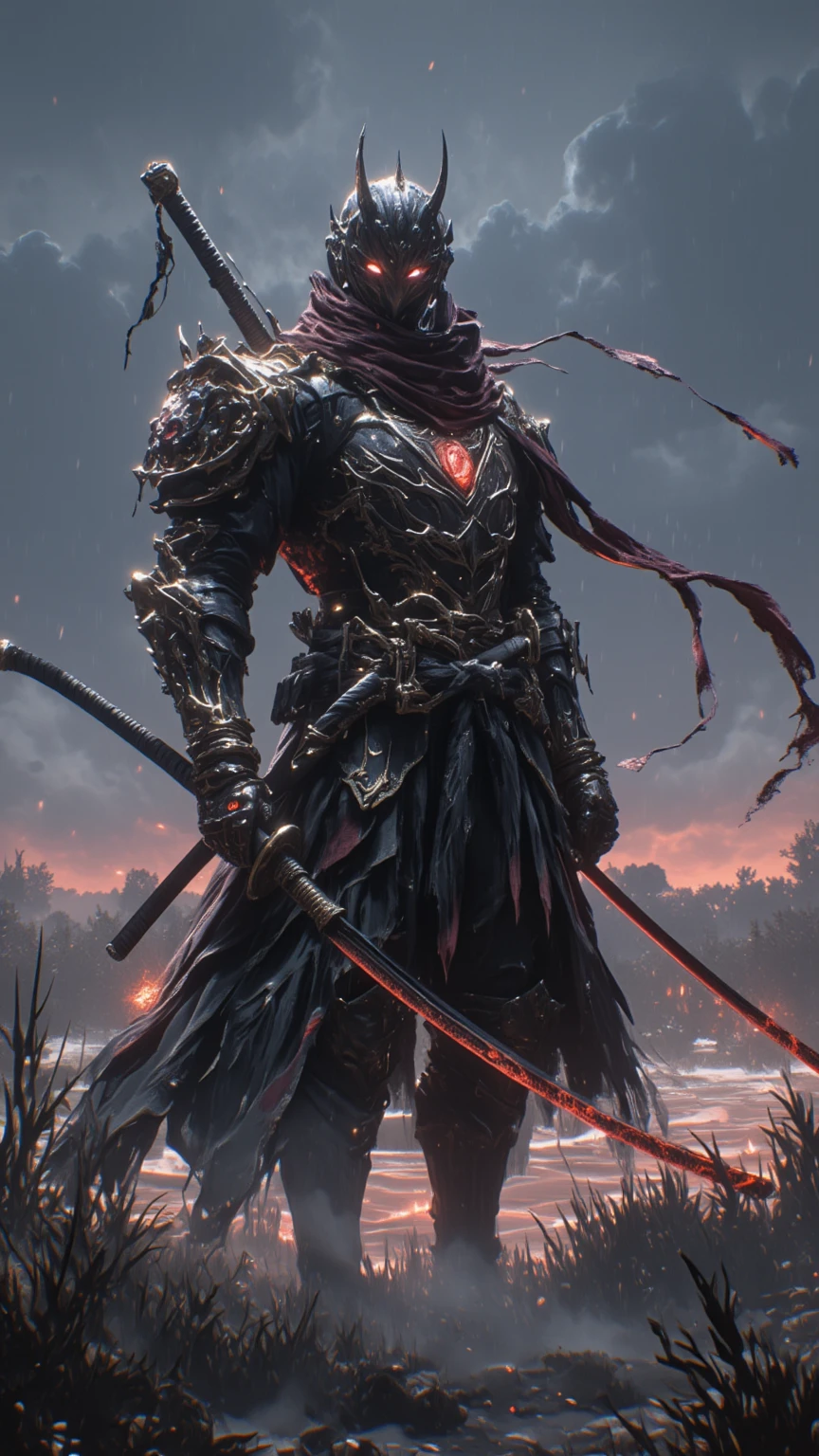 a bloodstained oriental armored knight in the rain, dramatic lighting, detailed 4k, japanese mask obscuring face, wet, rain drops, soft light, detailed artwork