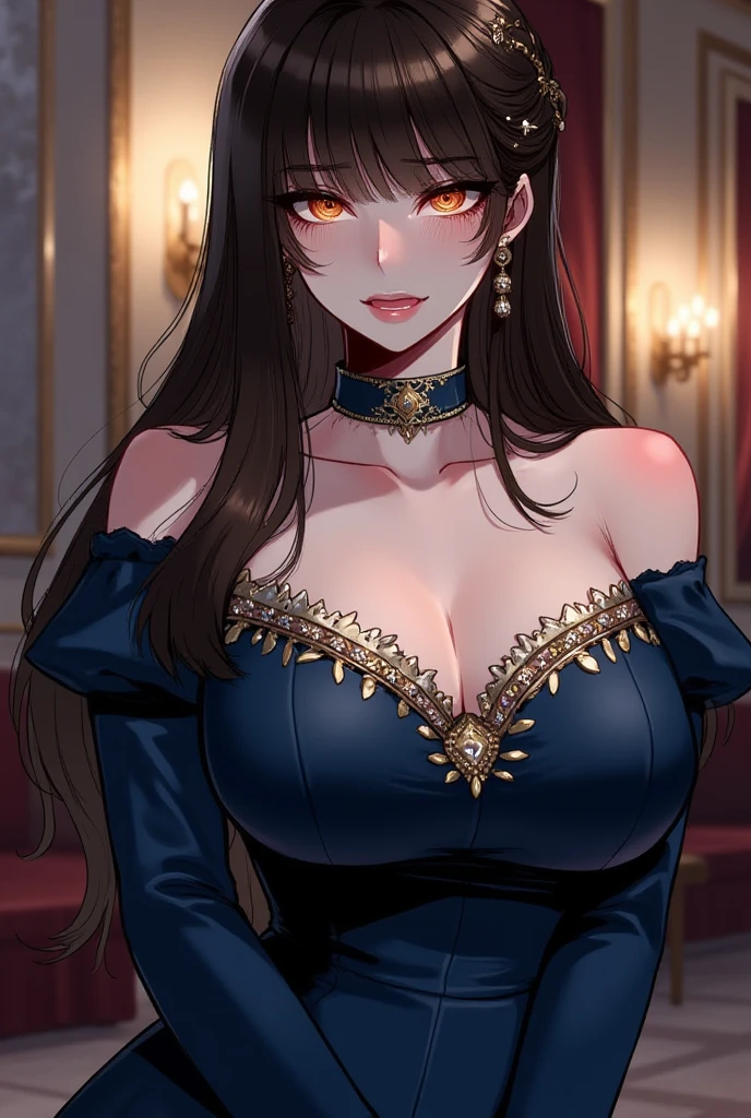 Beautiful woman in a mansion, long black hair, blue eyes, sexy black dress, big ass, big breasts, lots of details, cinematic texture, light, carefully designed, atmosphere, front pose, sitting on the throne, Golden crown on head
