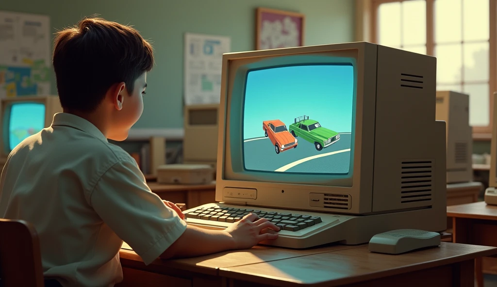 a mini truck seen from behind with the rear door open and with a racing cockpit with a sim motion platform and virtual reality glasses inside and someone using it and a TV running a racing game and outside 2 children&#39;s electric cars on the right side and a slot car track on the left side of the truck and 2 people , kids playing on the slot car track, both out of the truck on the ground, and in 2 children&#39;s carts , 2 kids driving them, make a slot car track with curves and 2 cars on the ground next to the truck, and everything takes place in a public square

