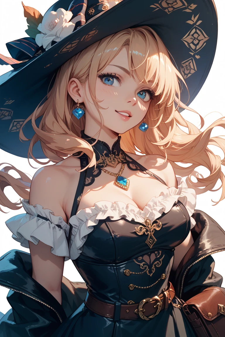 (Masterpiece, Best quality, ultra high resolution),1girl, dark brown skin, blonde hair, large breasts, witch outfit, witch hat, beautiful and detailed face, detailed eyes, detailed nose, the girl is facing the camera with a neutral look on her face ((gray and blue theme ))
