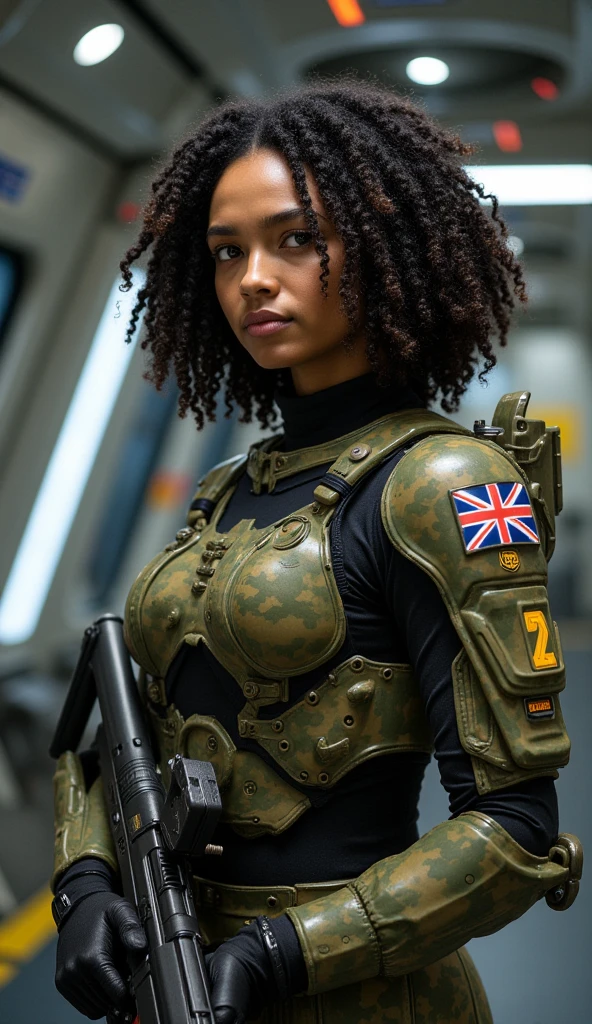 High quality, ultra-realistic images of women. The woman is of mixed Native American and Jewish descent.. Powerful Features, Fair skin. Dark brown curly hair, Dark Eyes. The woman is wearing a semi-futuristic combat suit.. She has a gun and a knife strapped to her body.. Beautiful woman smiling. Her eyes shine with hatred.