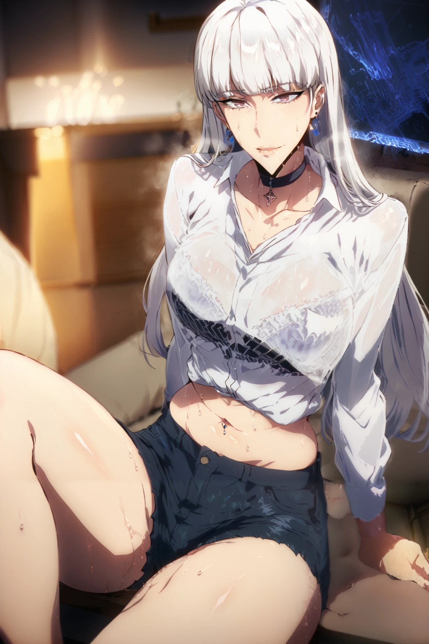 score_9, score_8_up, score_7_up, long hair, white hair, blunt bangs, purple eyes, black headdress, black hairband, BREAK anime-style, anime coloring, cgi, Hand drawn, cinematic, Sharp focus, humorous illustration, big depth of field, Masterpiece, concept art, trending on artstation, Vivid colors, Simplified style, trending on ArtStation, trending on CGSociety, Intricate, Vibrant colors, Soft Shading, Simplistic Features, Sharp Angles, Playful, excessive sweating, sweating profusely, sweating drop BREAK, 1girl, piercing, solo, shorts, shirt, choker, navel_piercing, jewelry, denim_shorts, ear_piercing, looking_at_viewer, black_choker, denim, navel, earrings, breasts, sitting, barbell_piercing, collared_shirt, parted_lips, necklace, thighs, pink_nails, short_shorts, cutoffs, industrial_piercing, mole_on_stomach, see-through, collarbone, blue_shorts, off_shoulder, lips, smile, mole, indoors,