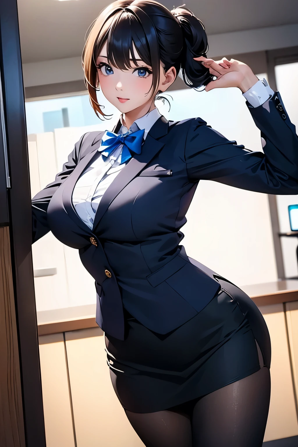 masterpiece,best quality, ultra highres,8k,16k,delicate photography, sharp line, sharp focus, (perfect anatomy:1.5), RAW photo, resolution,realistic,ultra detailed,sharp focus,RAW photo,白,蒼,黒,UHD,
BREAK,
beautiful Japanese girl,large breasts,Long eyelashes,
(bank teller, black skirt, bow, long sleeves, pantyhose, blue shirt, skirt, vest:1.1),
BREAK,
1girl,MarinGyaru,KAREN,