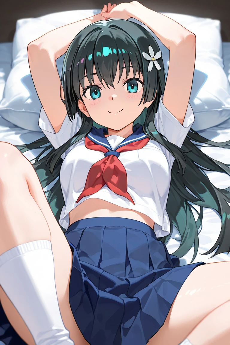 masterpiece, ultra quality, ultra sharp, ultra detailed, 1girl, solo, (good anatomy), haduki kurumi, (tattered torn dripping wet white gym shirt), navy gym pants, animal ears, randoseru, name tag, Japanese anime pose, laugh, BurumaShorts, Buruma, Gym Uniform, (((lying:1.4, spread_legs, legspread, split_legs, spreading legs)), (randoseru backpack:1.4), (((jitome))):1.4, buruma, blue buruma, black buruma, (cameltoe), (tattered torn short sleeve white gym uniform with colored hem), (tiny nipples), (white long loose socks), strong lighting, legspread, bukkake, cum on clothes, cum on legs, cum on buruma, cum on bloomers,