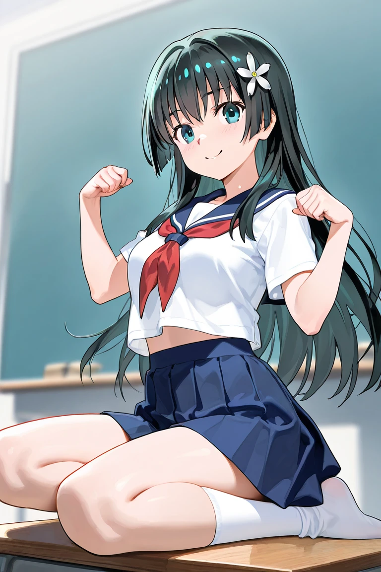 (((masterpiece, highest quality:1.3,absurdres))),cowboy shot,18 year old beauty,solo,((very small head:1.4)),ponytail hair style,long hair,blunt bangs,black hair,glay eyes,smile,blush,medium breasts,((very long body,slender body)),skinny,gleaming skin,shiny skin,  break  ,(School uniform、Red neckerchief、White Sailor Suit、Short sleeve、Navy blue sailor collar、Navy blue pleated mini skirt),  break  ,standing,classroom、Japanese School、